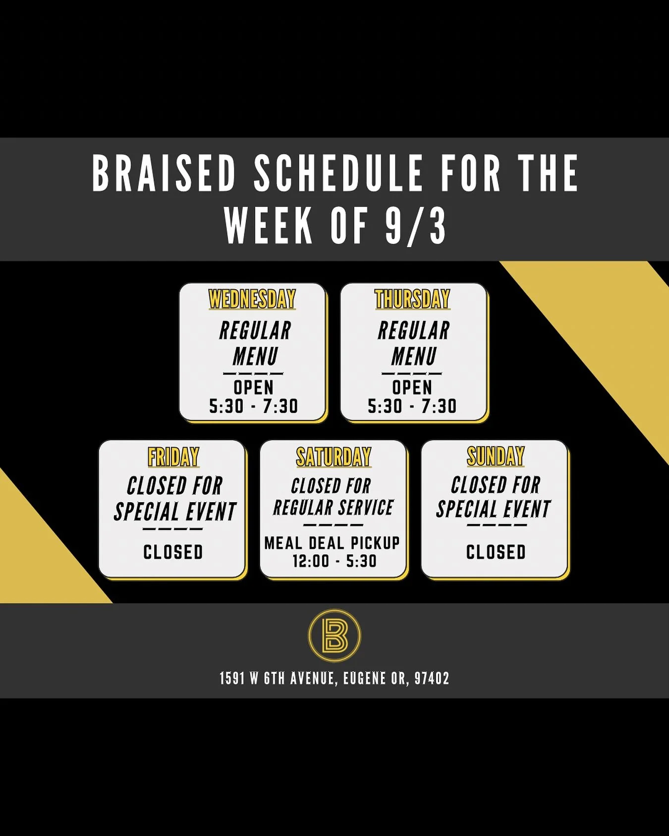 Hoping this is the last of our weird schedule weeks for a while!
Due to a busy events schedule this week, we are switching our meal deal day to Saturday! Which means you will be able to order it for lunch OR dinner!
Stay tuned for more meal deal d