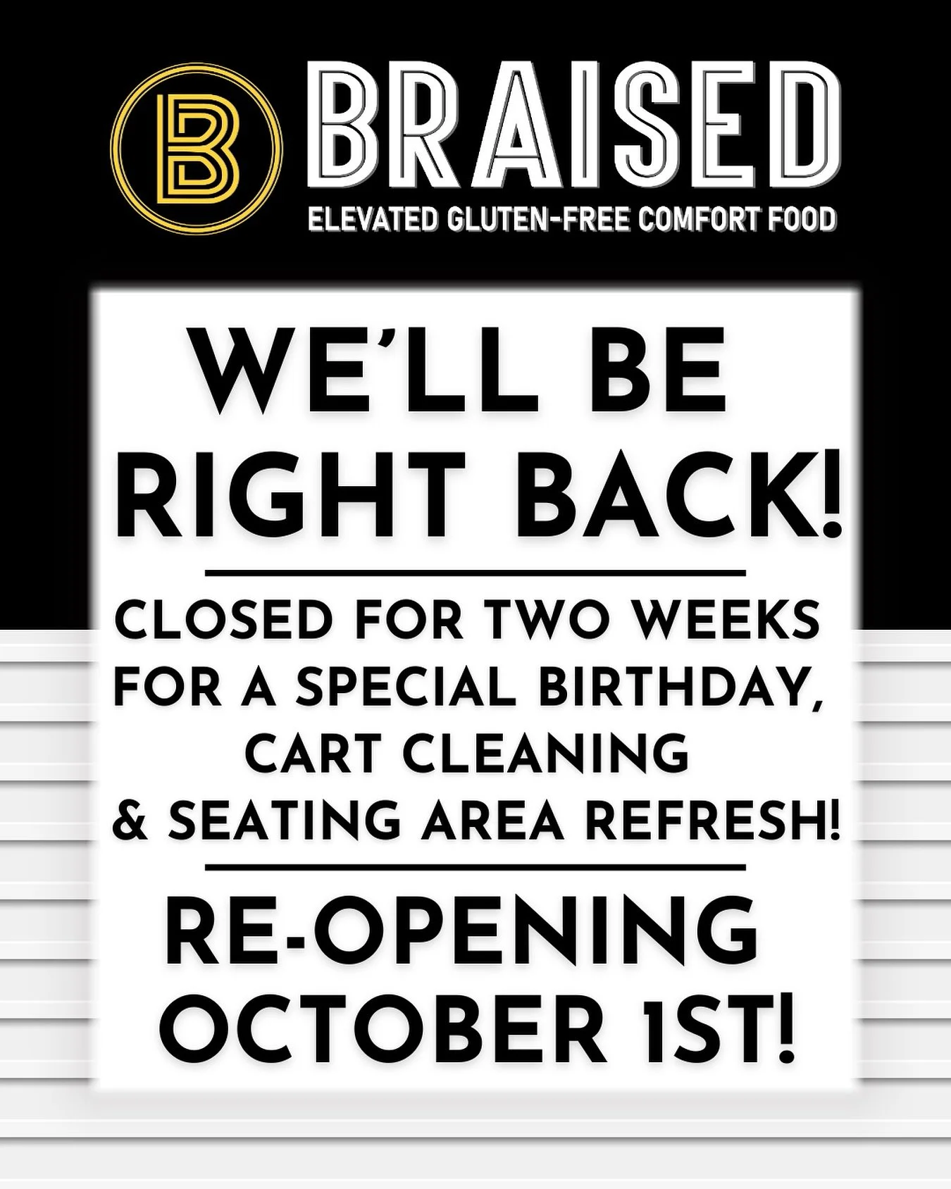 Happy Fall, y&rsquo;all! 

We will be closed from September 17th - 30th for some necessary maintenance on the cart and seating area, as well as Chef Alan&rsquo;s very special Birthday. 

We will be back in October with a new menu for the fall season 