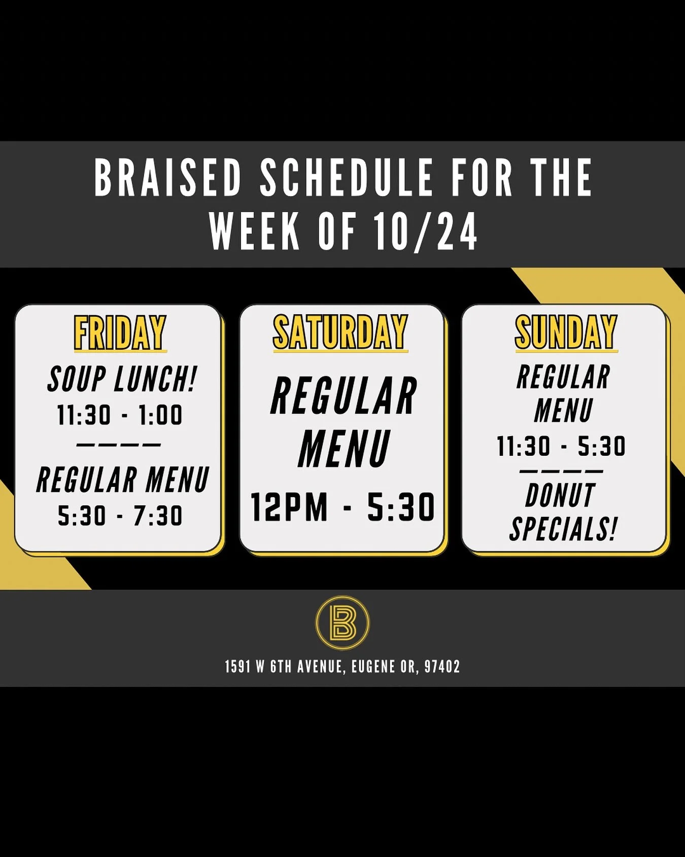 Weird little schedule this week, but as a fun side-effect we will be opening our windows Friday at lunch time to sling delicious cups of housemade soup.

We will be starting with new batches of our Sage Tomato Soup, Corn Chowder, and even a Pork Pozo