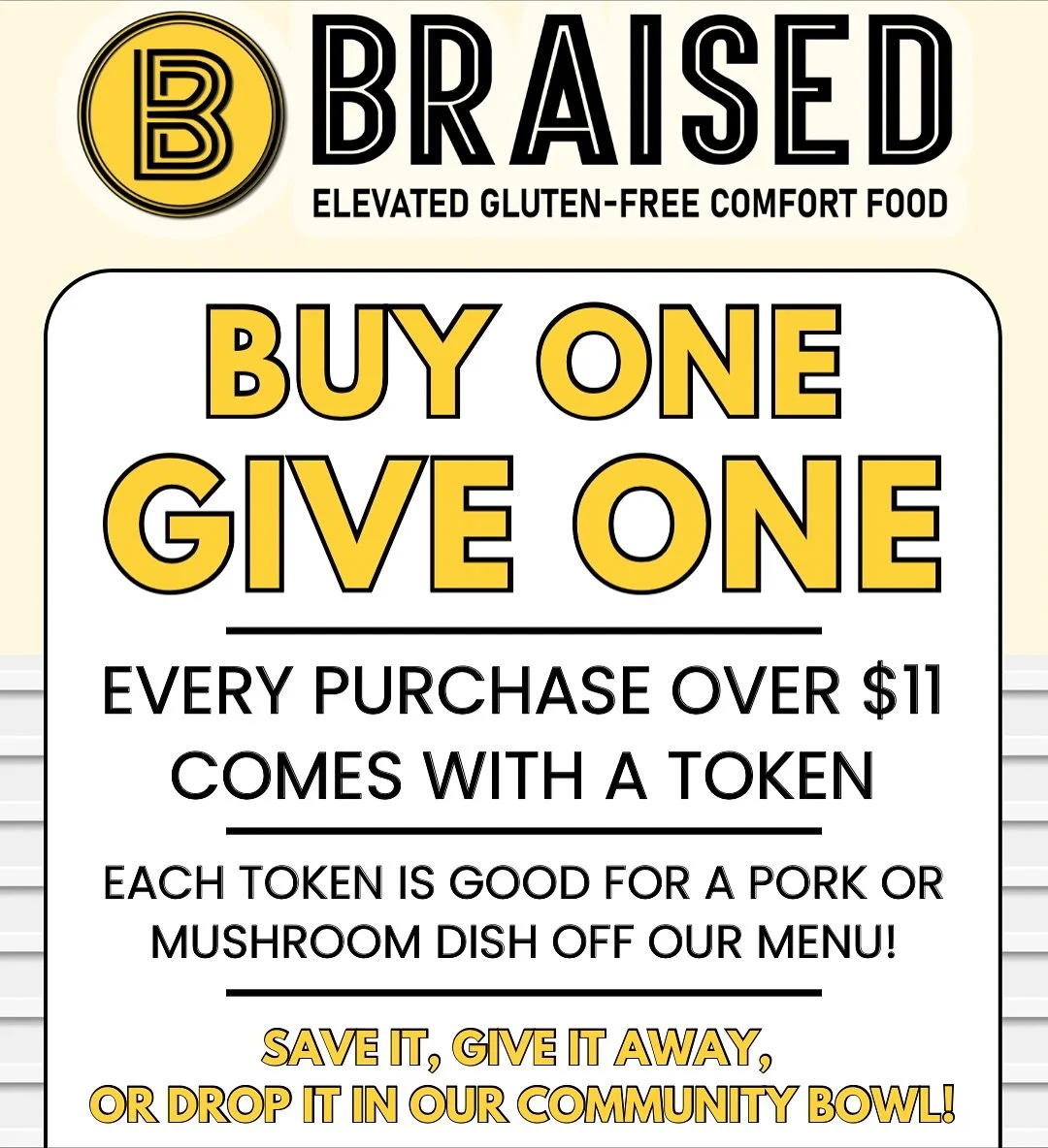 Starting today, we will be offering these special tokens that are good for one free pork or mushroom dish off our menu. With every purchase over $11, you will receive one of these tokens!

Most importantly, for anyone experiencing difficulties due to
