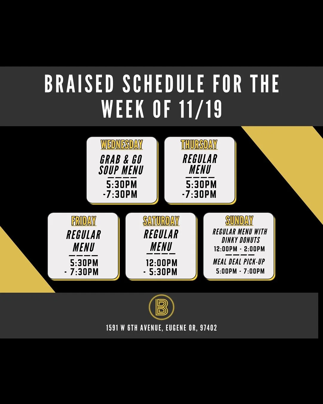 Some of you have been wondering, so here&rsquo;s the scoop!

Online ordering is now available for our Pre-Thanksgiving Meal Deal!

Pickup will be Sunday the 23rd from 5-7PM depending on the time you select when you order! 

This meal deal is ONLY ava