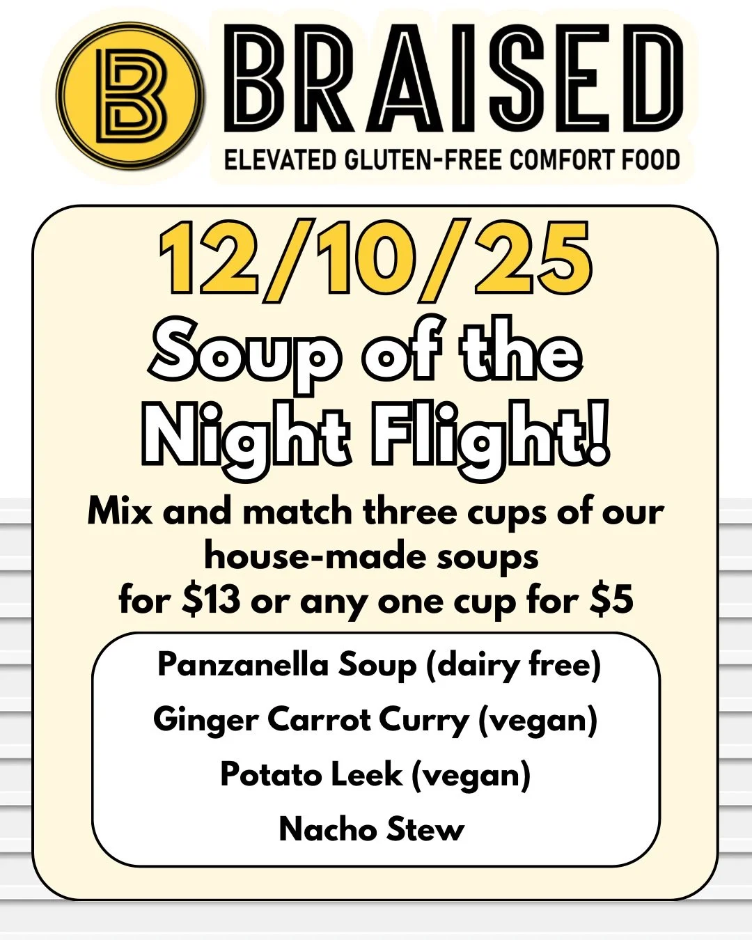 We&rsquo;re back!!
And we will be open for a soup only service Wednesday serving up some tasty soup flights!