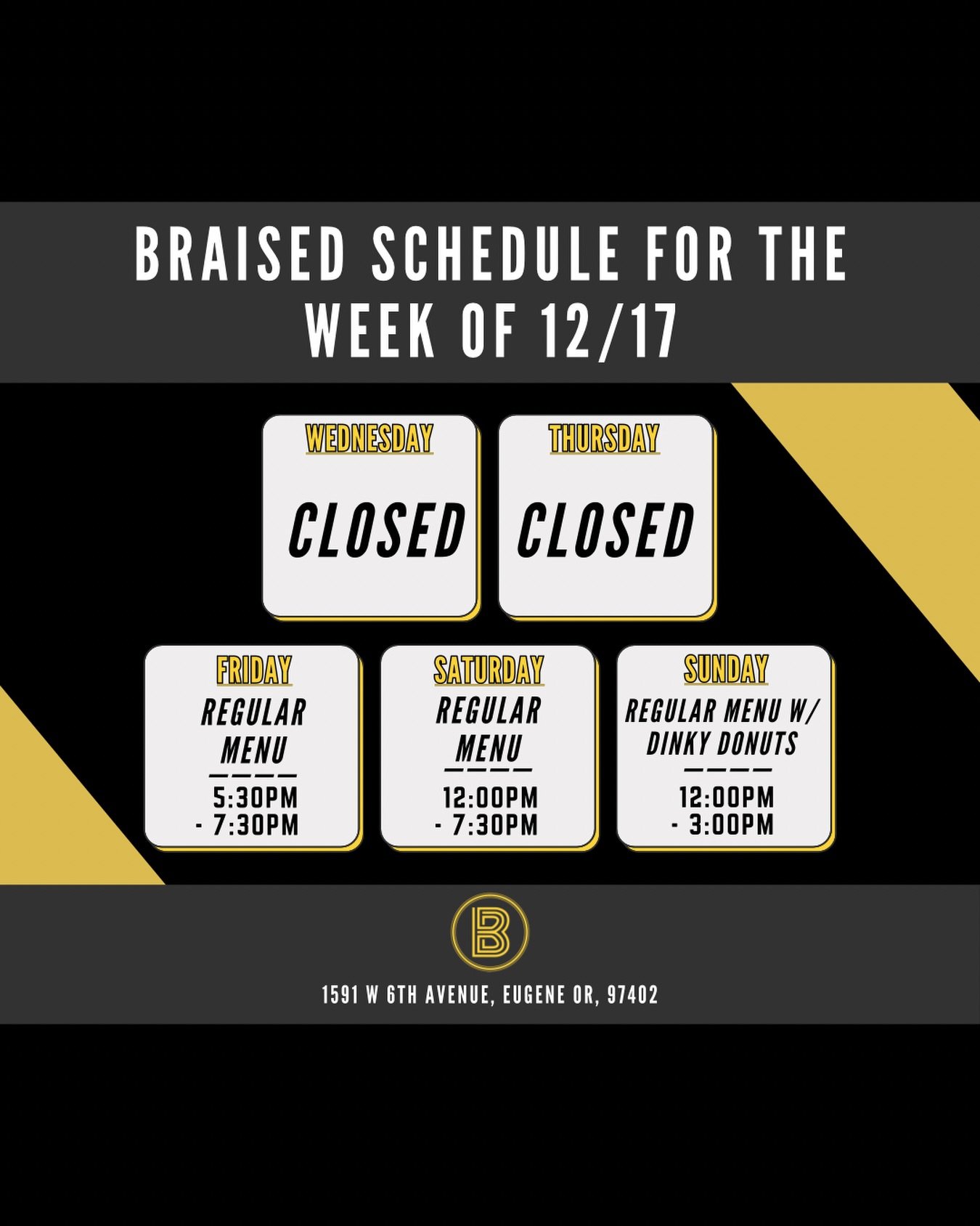 UPDATE: Unfortunately, Thursday isn&rsquo;t looking too good for us right now. 
So we are taking the 5:30-7:30 from Thursday and adding it to our Saturday hours to give you even more time to swing by!

We will be open from 12:00PM till 7:30PM Saturda