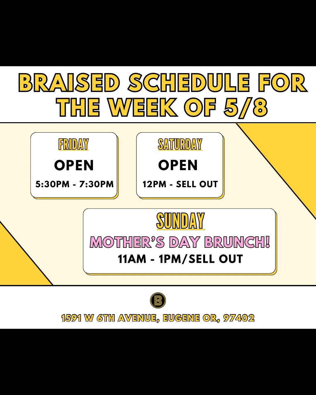 Need a last minute plan for Mother&rsquo;s Day?

We have you covered!

As some of you already know, we will be closed for the next couple of weeks due to traveling for a celebration of life and Mrs. Braised&rsquo;s work. 

We plan on re-opening on th