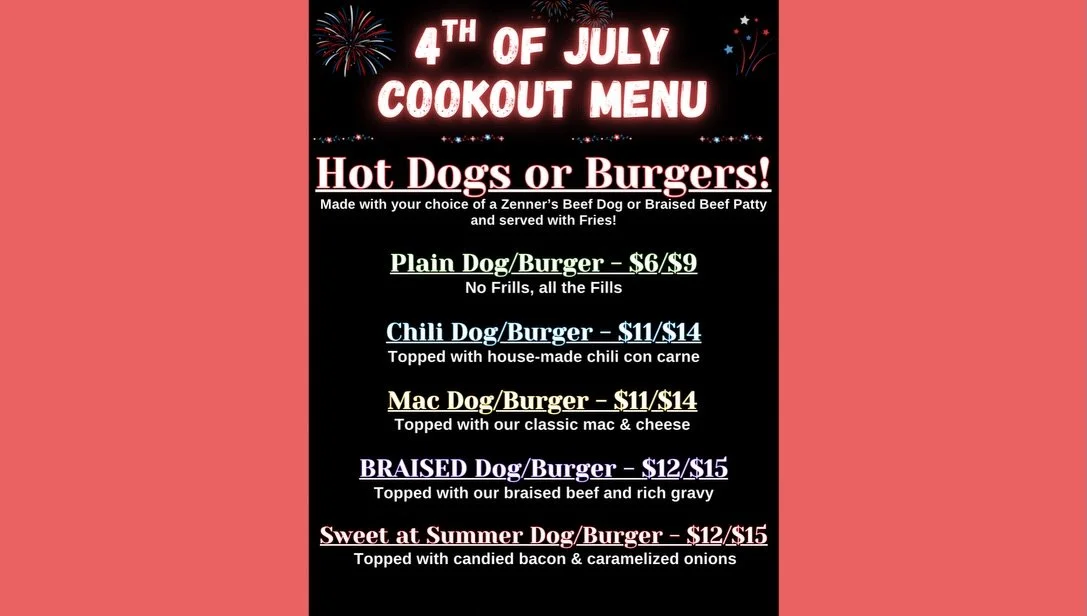 As promised we will be opening up this weekend for a Pop-Up Burgers and Dogs Menu!

We will be Saturday and Sunday at Noon until sell-out!