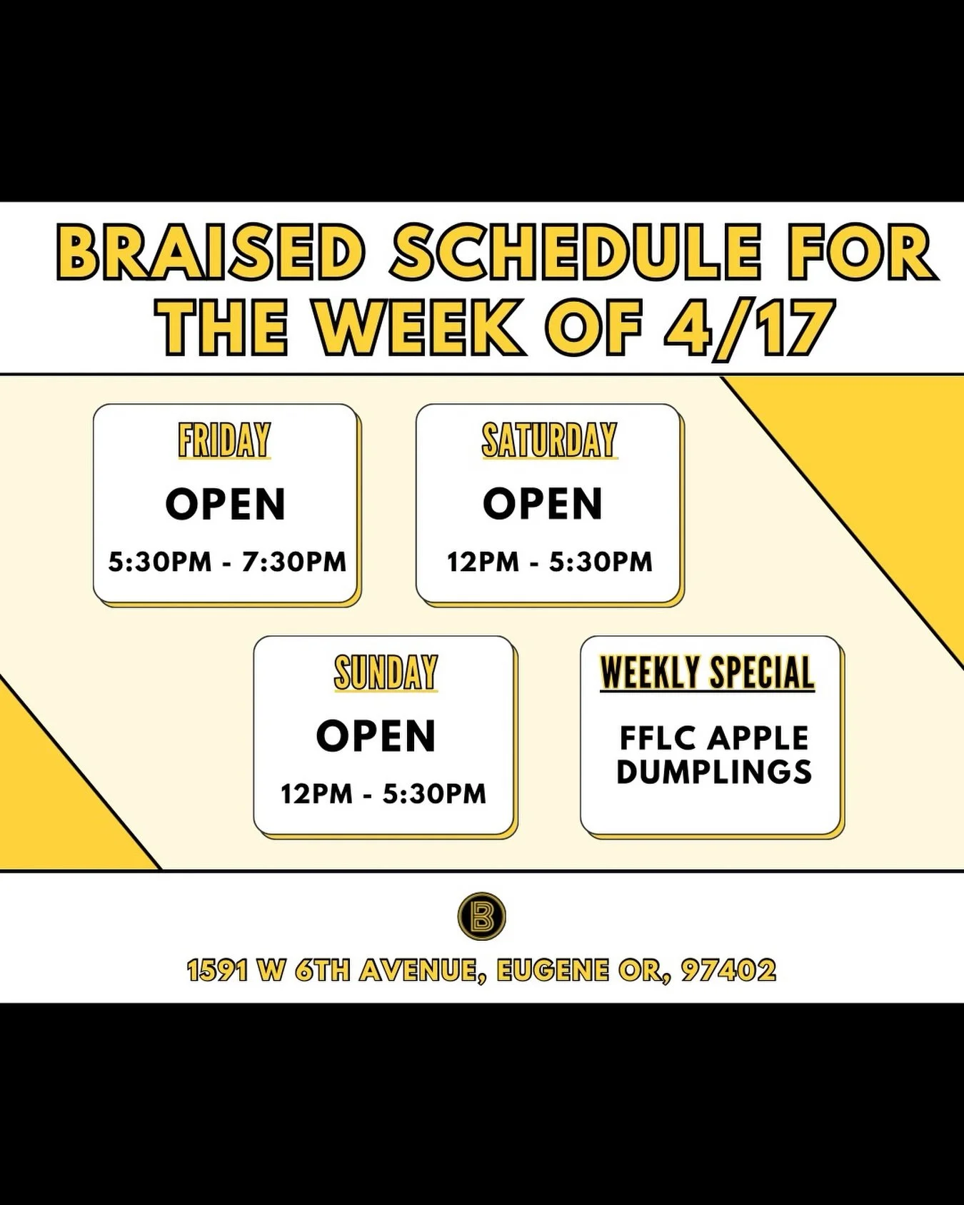 Last weekend, by ordering our Apple Dumpling Special, you helped raise $150 for Food For Lane County! 

And Apple Dumplings will be available again this weekend, so let&rsquo;s see how much higher we can get that number! 

Then we&rsquo;ll let y&rsqu