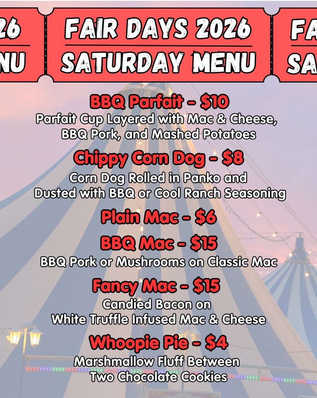 Even though we are just doing our Pop-Up weekends this summer, we knew we still had to do something special for Fair Days!

In order to offer as much variety as possible, we are doing a different selection of items each day. So make sure to check if 