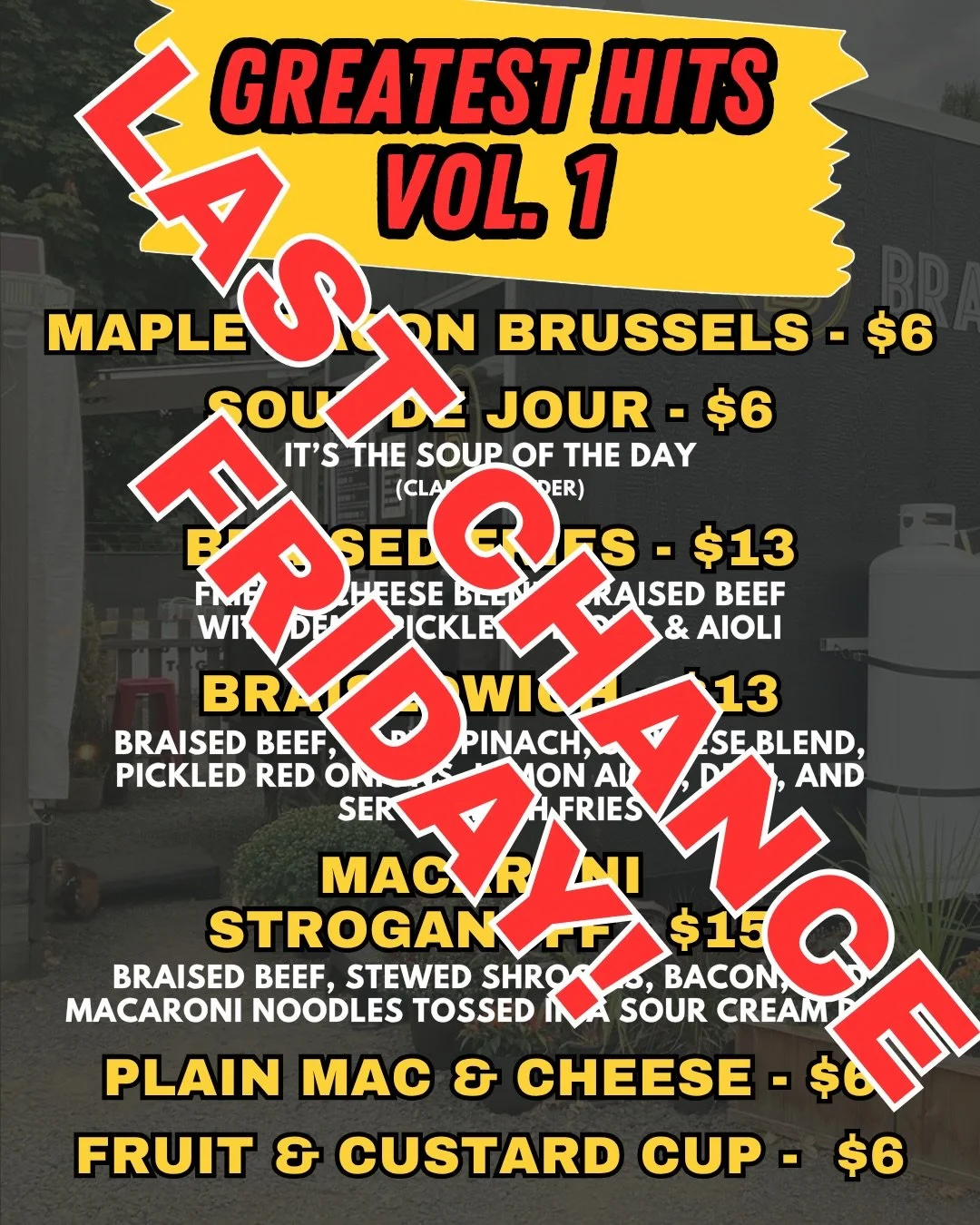 Well after last Sunday&rsquo;s unexpected closure, we wanted to give you one last chance to try our Vol. 1 hits. 

So while Chef Alan is prepping Vol. 2 this evening, we will be open for a short bit to give you that opportunity!

From 6-7:30PM on Fri