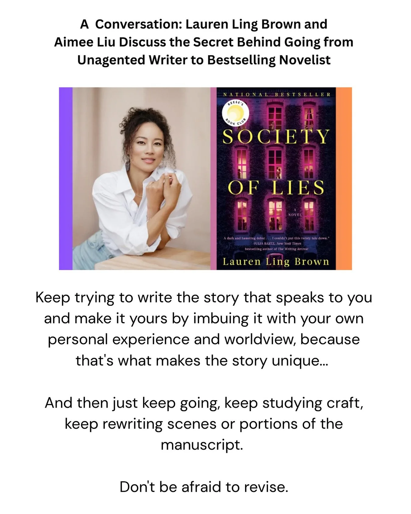 I had the pleasure of speaking with author @aimeeeliu live on Substack about all things publishing, craft, and how Society of Lies became a bestseller. 

TLDR: it was luck, but it was also hard work, timing, and the incredible team of people who advo