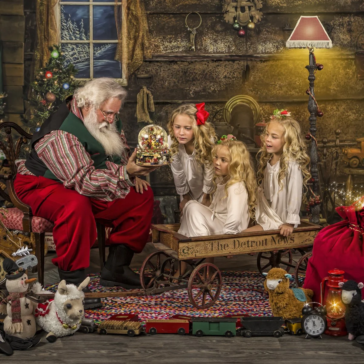 Fine art Santa portrait three girls in wagon Midland Michigan