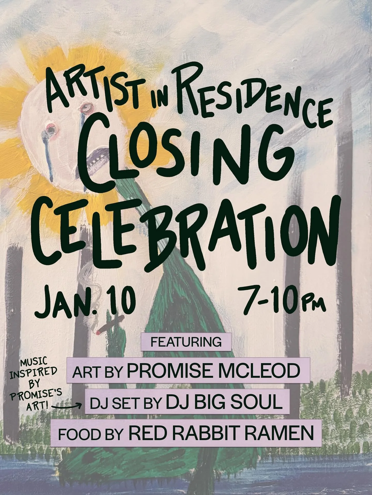 Come celebrate @namegoeshear Sat., Jan 10 from 7-10pm before she concludes her residency! DJ Big Soul of @stanleysrecords will be playing a set that is inspired by Promise&rsquo;s art, and @redrabbitramen will be serving only the best ramen. It&rsquo