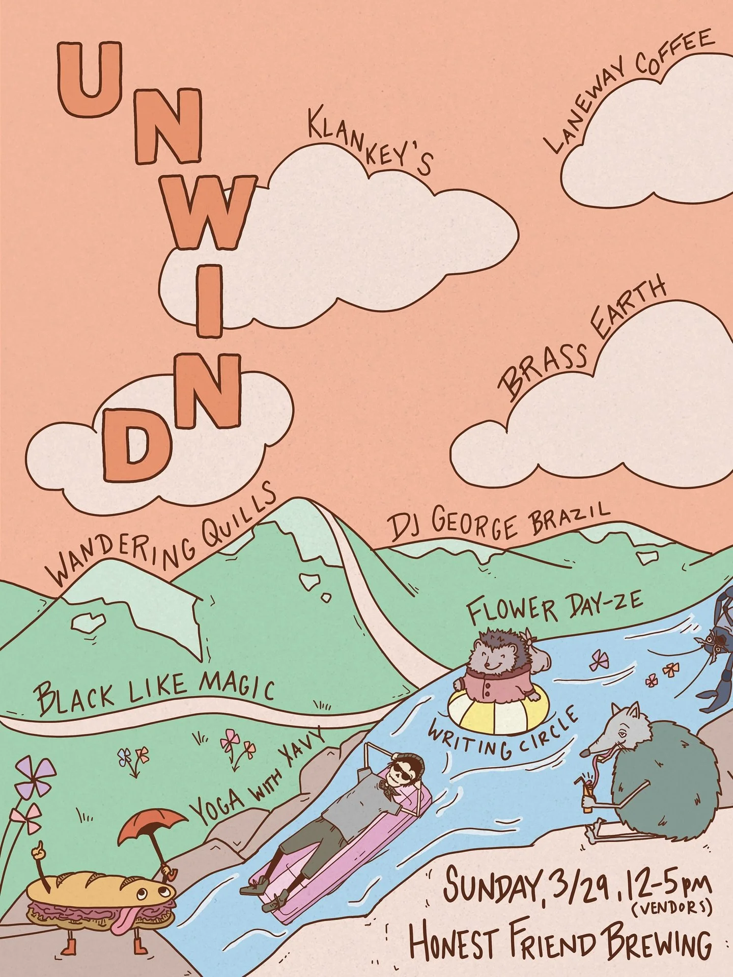 Announcing our second &ldquo;Unwind&rdquo; Sunday, March 29 at Honest Friend Brewing! We&rsquo;ve got a delightfully eclectic &amp; chill lineup&mdash;> 
DJ @georgebrazil will set the mood with Sunday Pop

Vendors will be around from 12-5:
@eatkla