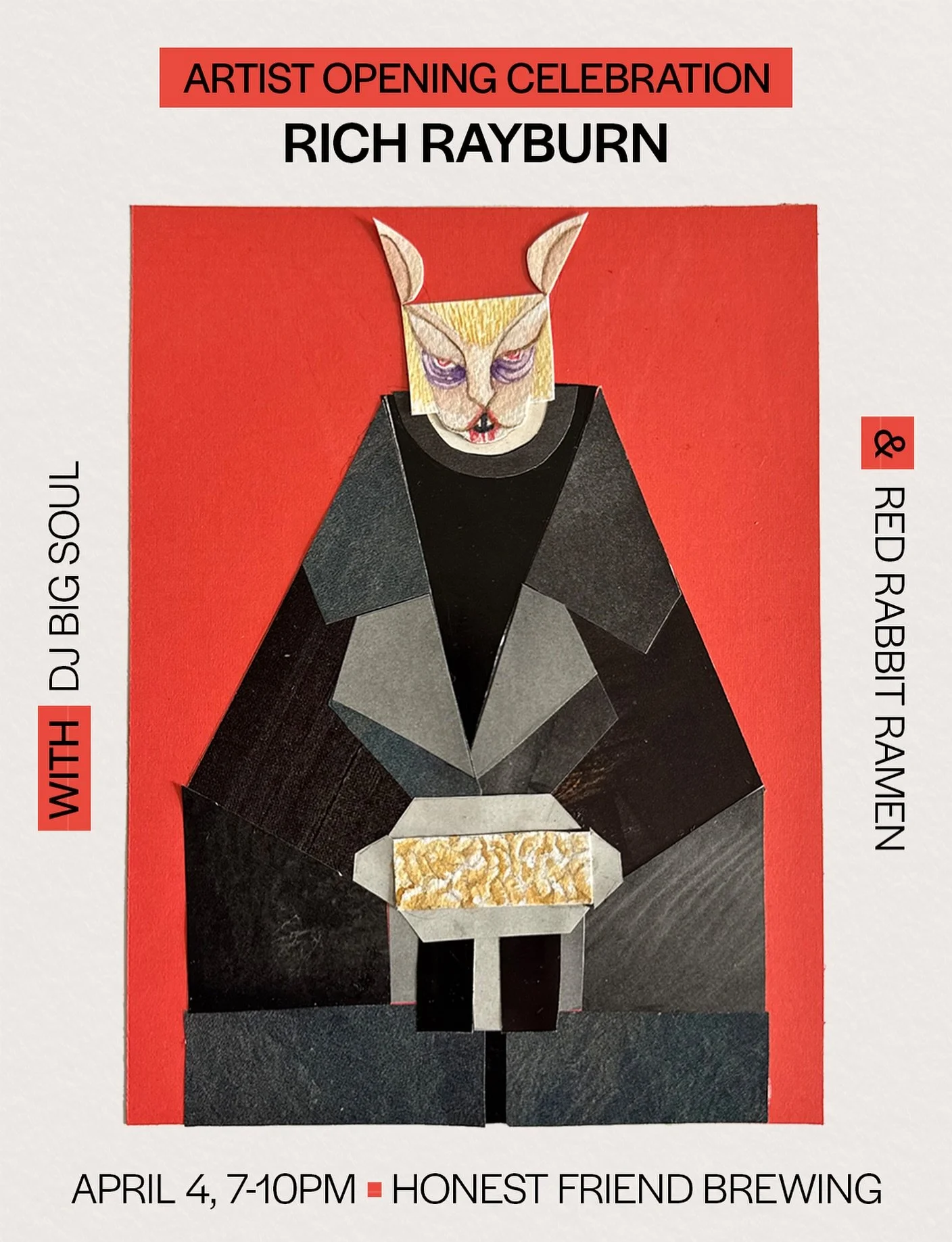 Announcing our next artist in residence, @rich.rayburn, presenting &ldquo;Rabbits! The Year was 1987.&rdquo; Come by, check out Rich&rsquo;s work, and celebrate on Saturday, April 4 from 7-10. We&rsquo;ll have DJ Big Soul of @stanleysrecords with a s