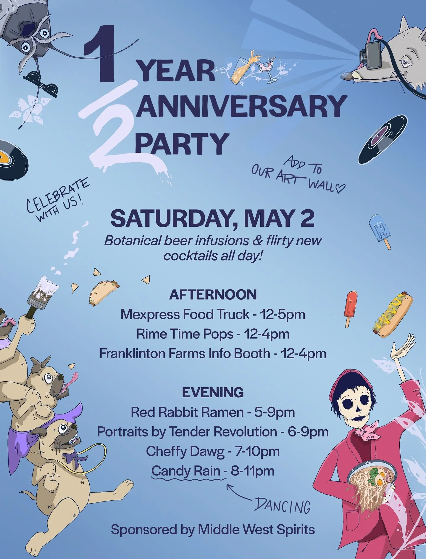 Come celebrate with us all day on May 2! We&rsquo;ll have special cocktails &amp; beer infused with herbs grown at @franklintonfarms + we&rsquo;re doing a communal chalk mural outside. Look at this dazzling schedule&hellip;

@mexpresstaqueria 12-5pm
