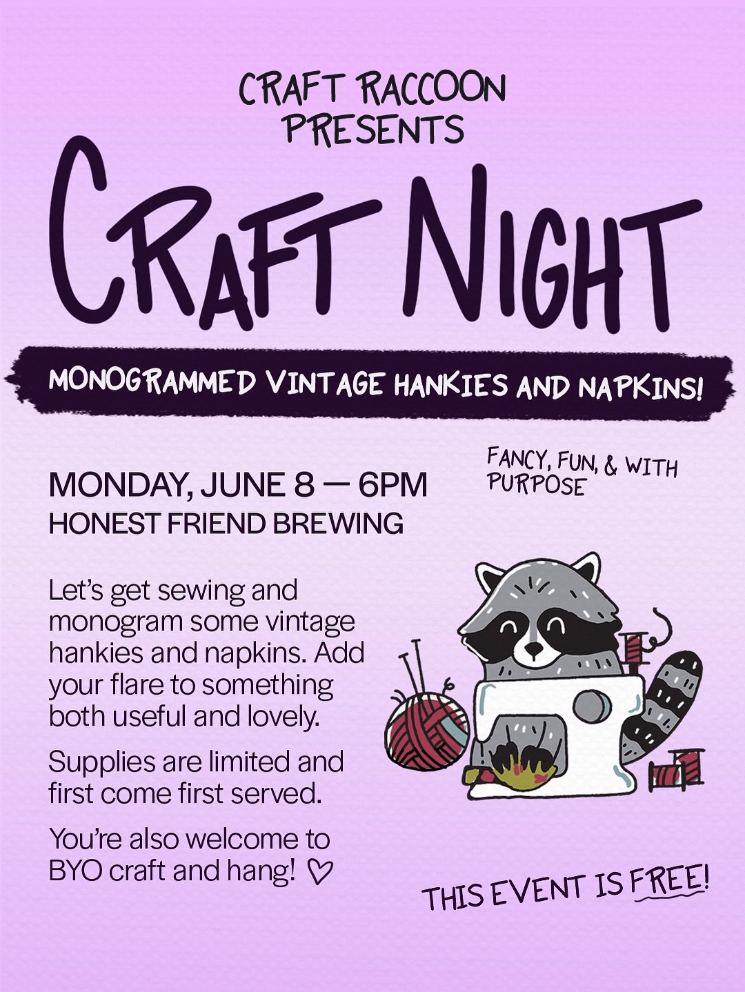 Aw yay it&rsquo;s almost craft night again with @craftraccooncbus! This month&rsquo;s craft is monogrammed vintage hankies and napkins. If you&rsquo;re not great at sewing that&rsquo;s okay! Just call your work abstract. See you Monday at 6pm at Hone