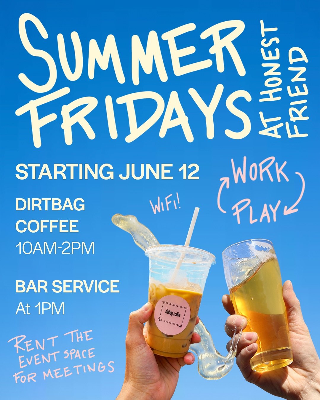 Starting June 12 and every Friday this summer* at 10am we&rsquo;re turning HF into a cafe (because she does so well in the daylight) with the help of @dirtbag.coffee! Come by and work in the taproom or rent the event space for team meetings at a reas