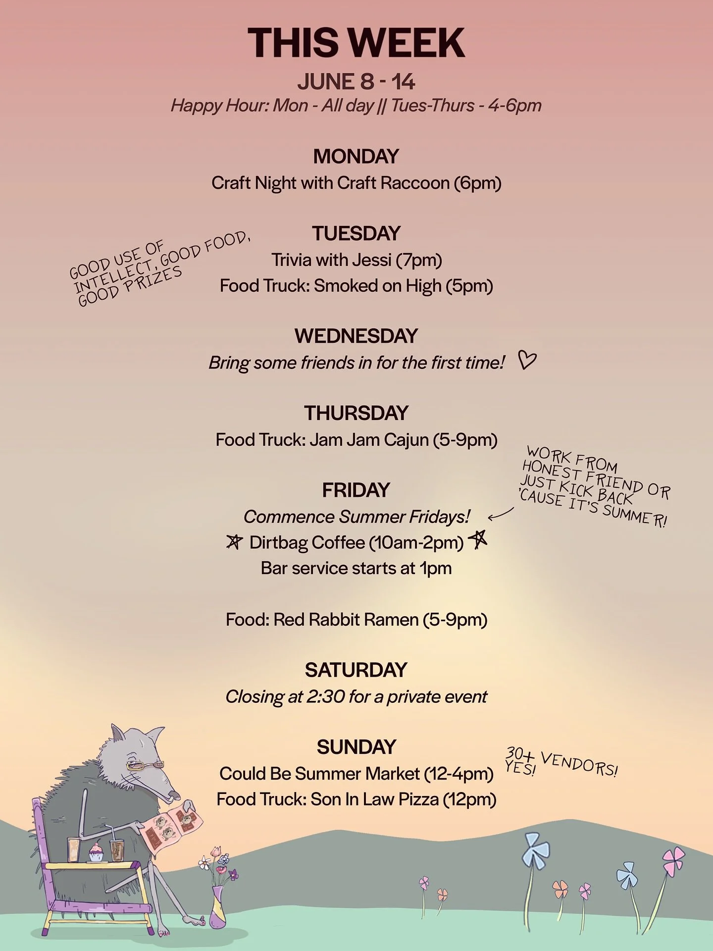 This week 💐🦞 we&rsquo;ve got crafts, we&rsquo;ve got coffee. Come hang early on Friday. We&rsquo;re happy to have @redrabbitramen back! Plus our big monthly market on Sunday. Remember that we are always accepting donations. Summertime can be especi