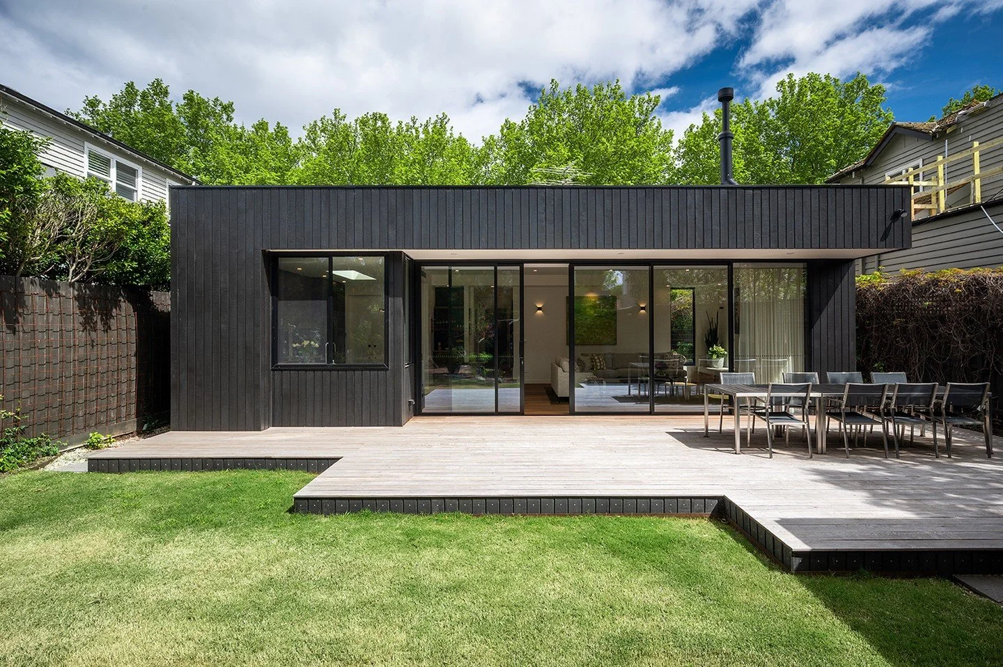 A sophisticated contemporary update.

📍Malvern

This Malvern renovation traded in tired charm for bold modern lines.  The black-clad extension with expansive glass completely redefines how this home connects to its garden creating seamless indoor&nd