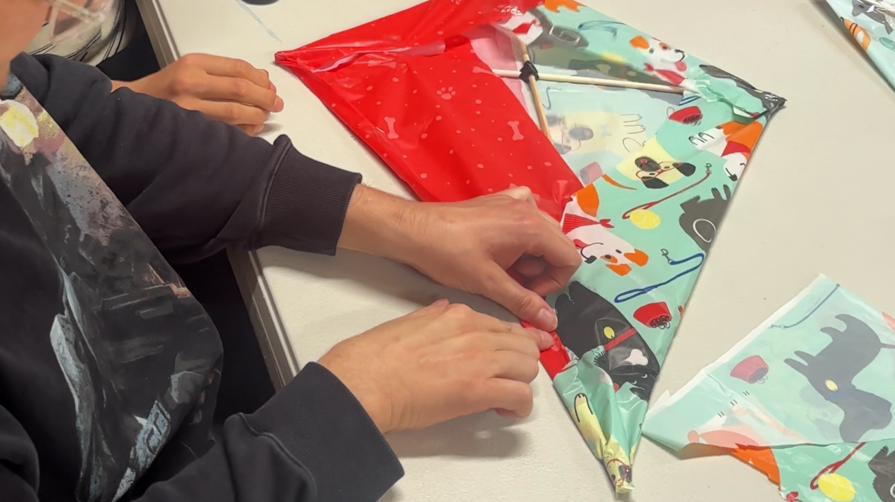 Person wrapping holiday presents with colorful wrapping paper featuring dogs, cats, and toys.