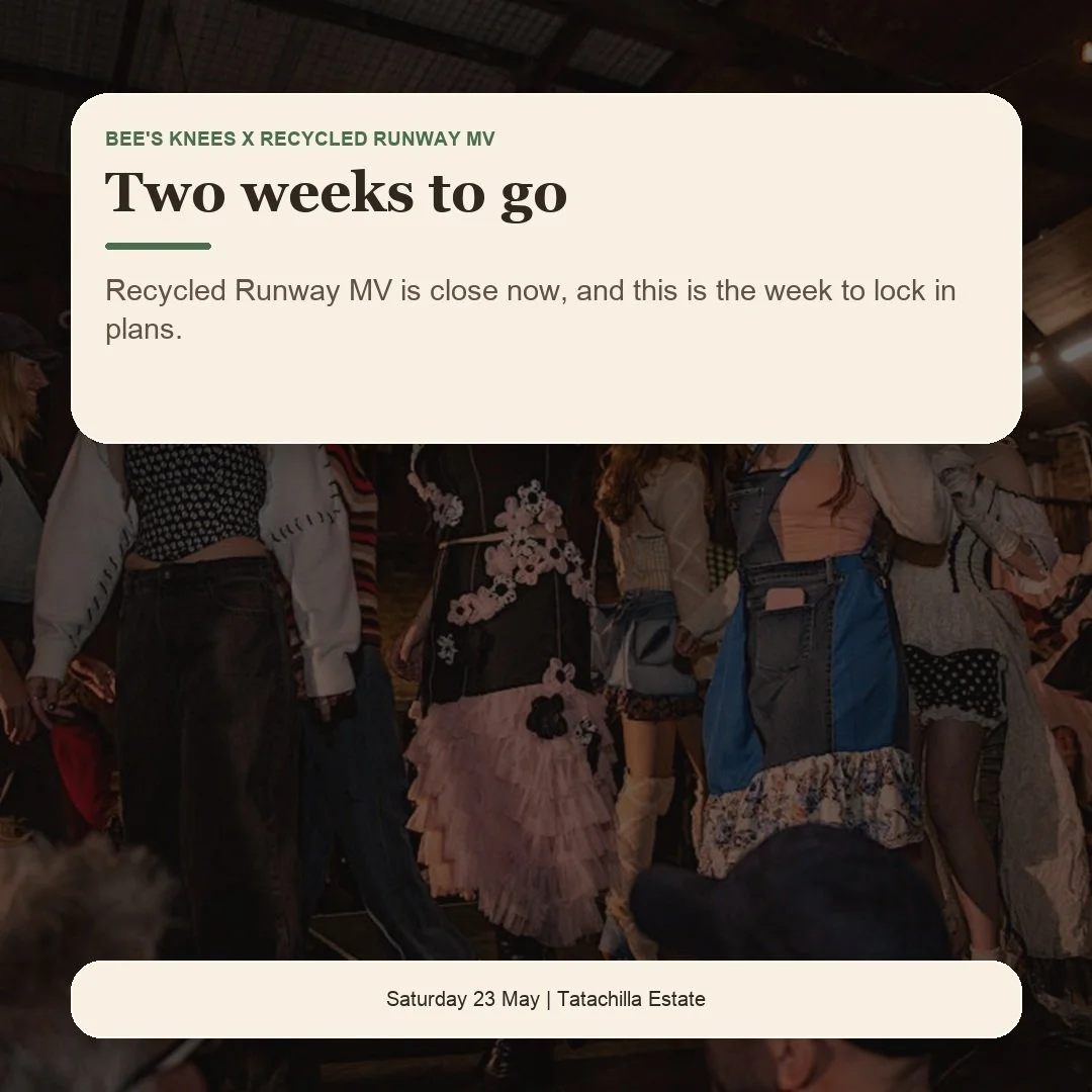Two weeks to go.

Recycled Runway MV is getting close now: a night of reused fashion, local creativity, familiar faces and autumn comfort at Tatachilla Estate.

We will be there with curries, rice and wood-fired garlic naan. Dinner pre-orders are ope