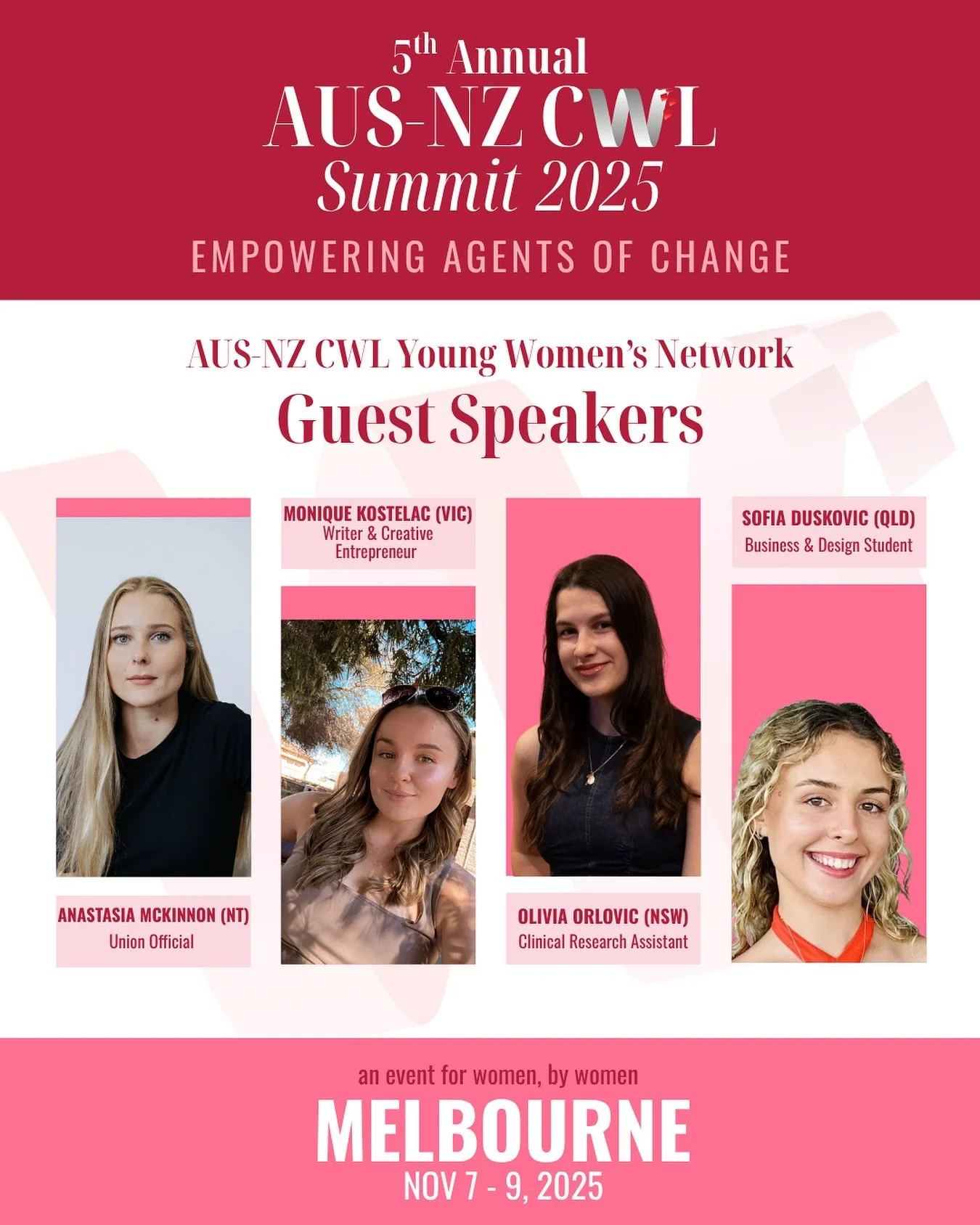 🌸Meet our Summit 2025 Young Women’s Network Panel 🌸
We are so excited to bring you our second ever YWN panel at Summit 2025! 
Hear from: 
Anastasia McKinnon (NT) - Union Leader 
Monique Kostelac (VIC) - Writer & Creative Entrepreneur (&