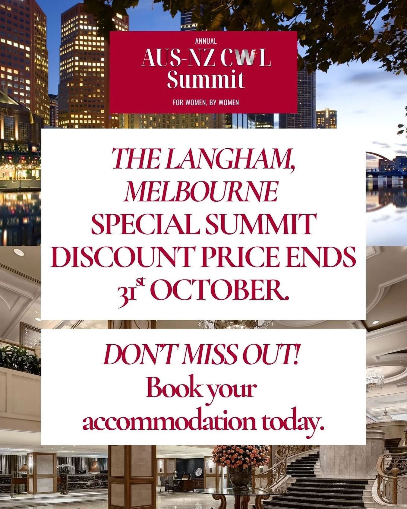 Our special Summit discount for accommodation The Langham, Melbourne ends THIS FRIDAY 31st October!
Make sure you secure your chance to book your accommodation at an incredible price for a 5-star hotel!
Book your stay here: https://tinyurl.com/y4cp