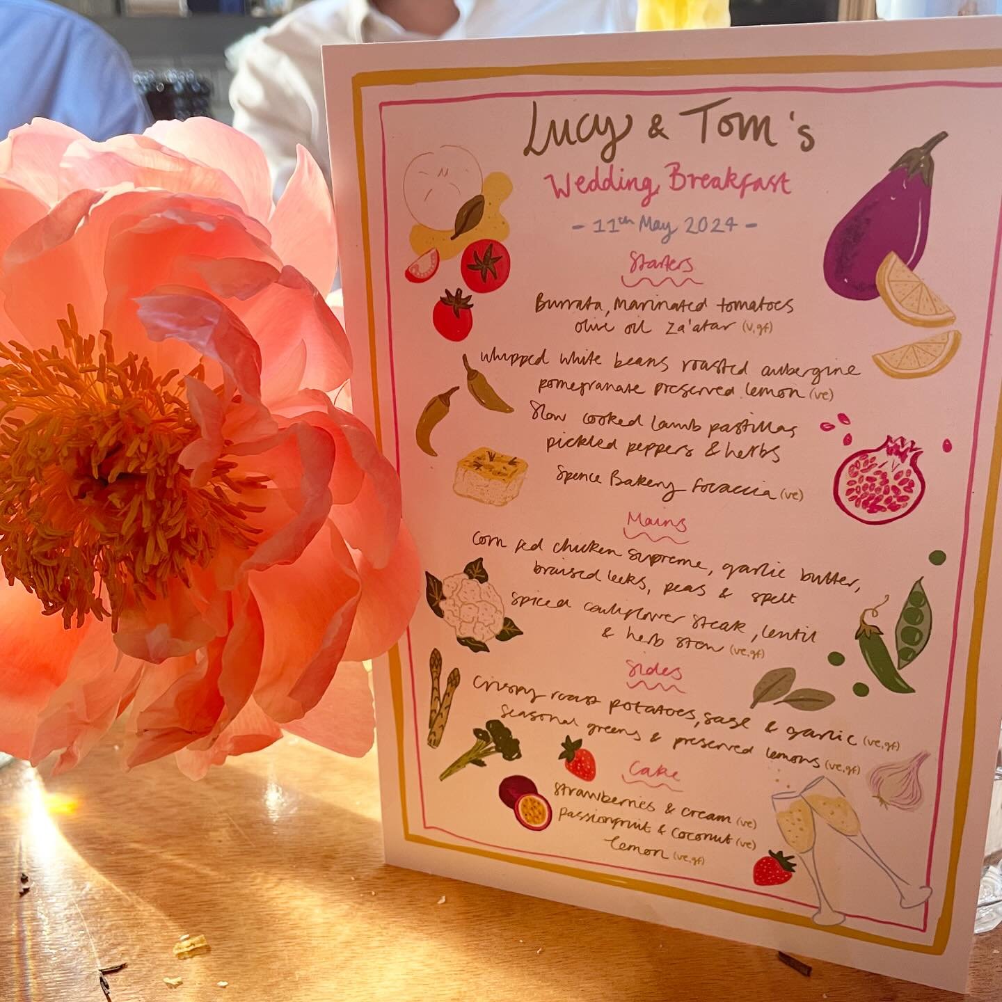 I was honoured to be asked to design these Wedding Breakfast menus for Tom and Lucy&rsquo;s colourful wedding in Hampstead last weekend. The bride told me the colour palette was &lsquo;yellow, blue, pink, green, orange and lilac&rsquo; basically all 