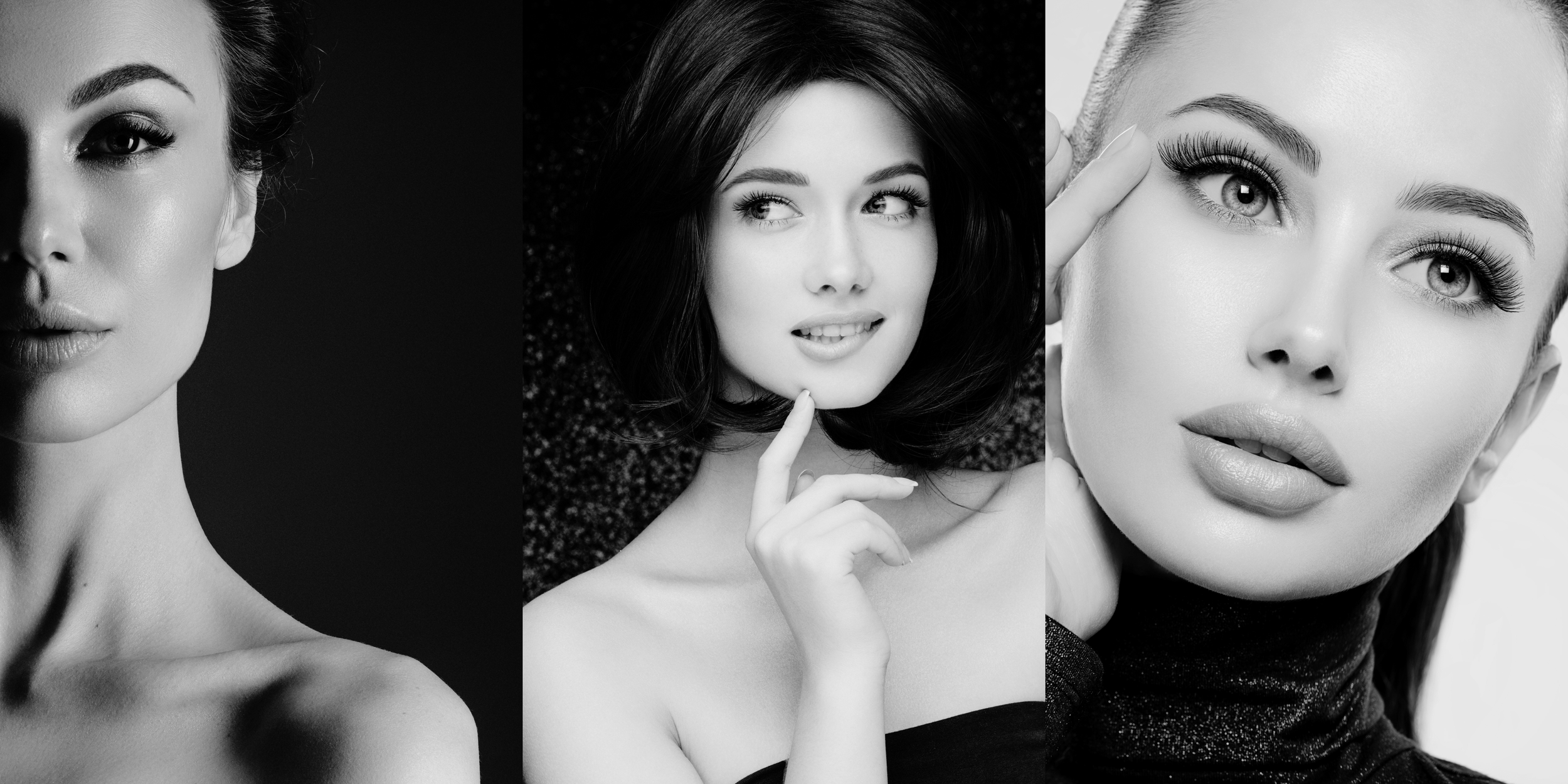 Black and white portraits of three women in different poses, focusing on their faces and expressions.