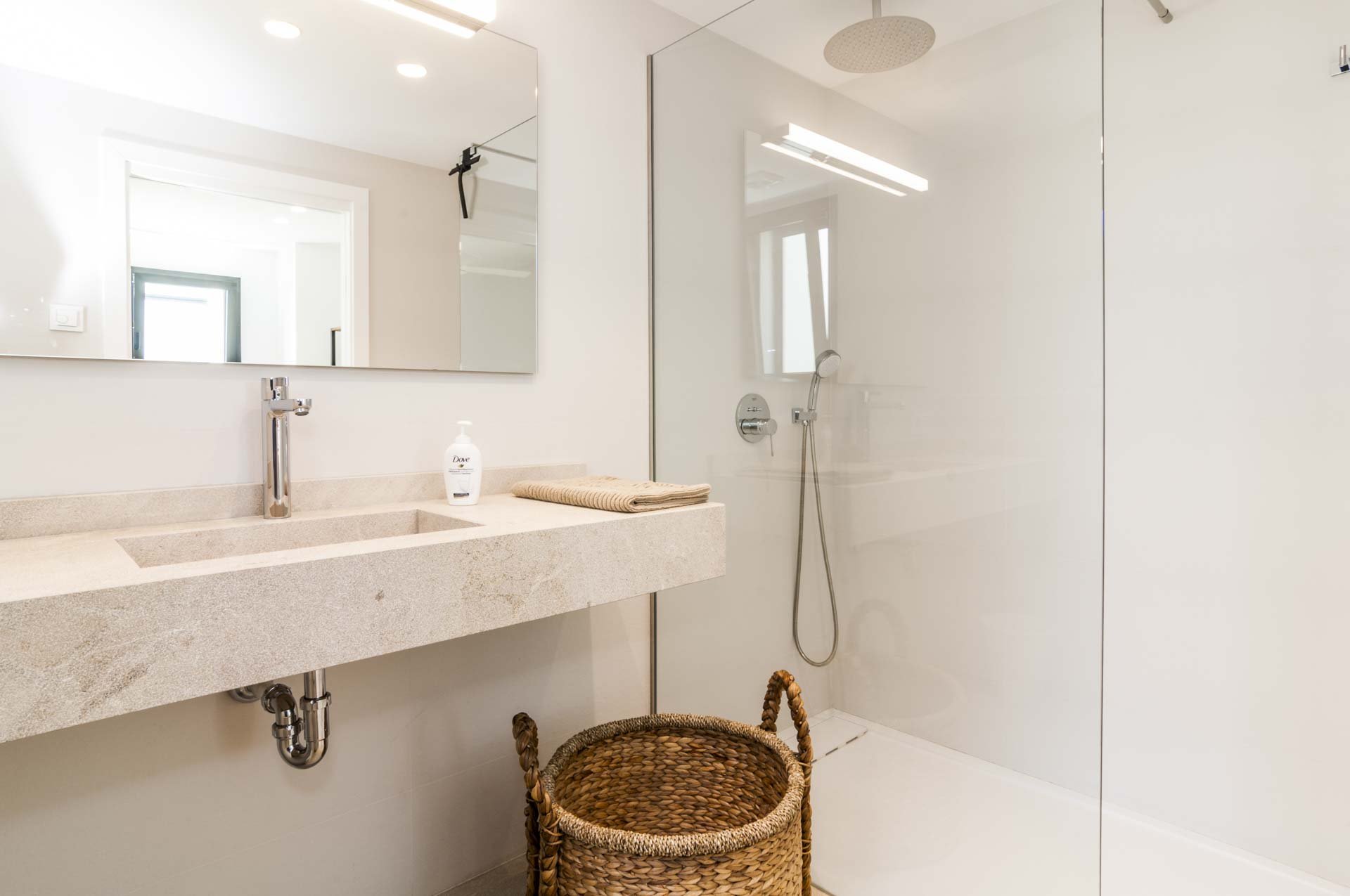 Modern bathroom with sink, mirror, walk-in shower, and woven basket.