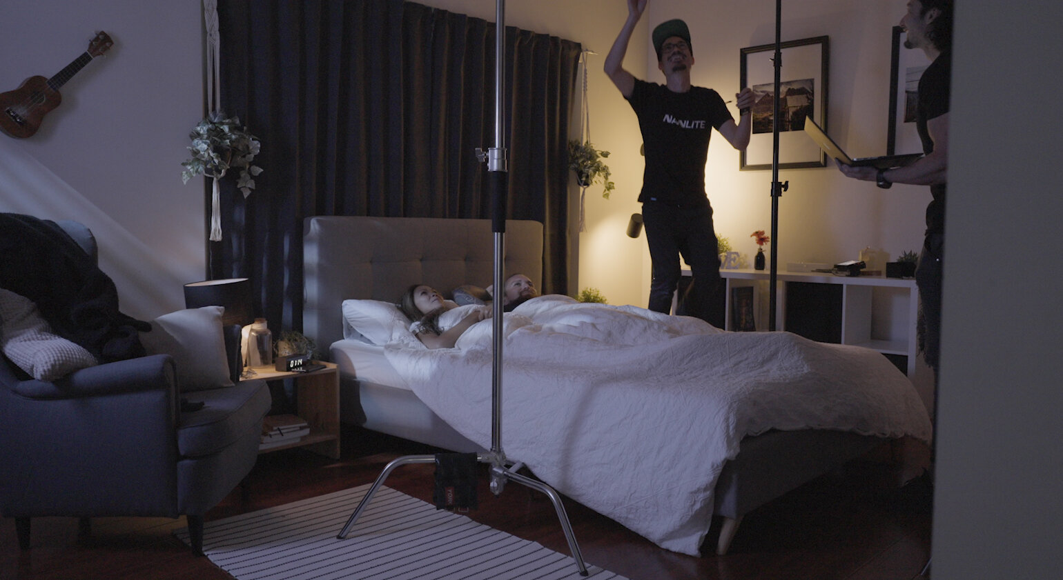 BTS adjusting the overhead Canon C70 camera from the aromatherapy commercial