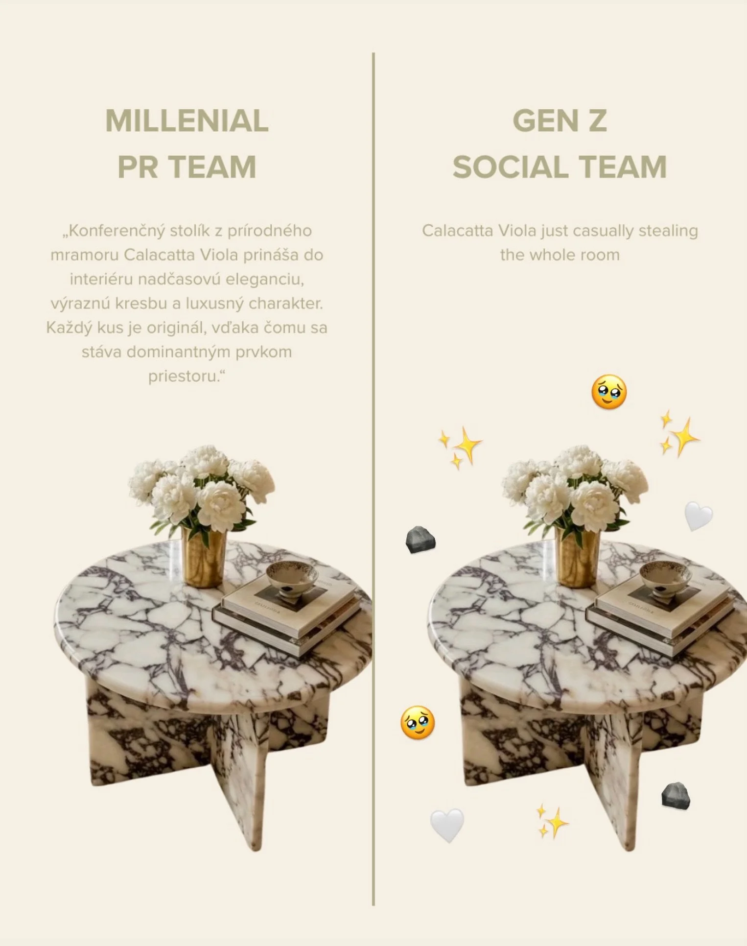 Millennial marketing vs. Gen Z marketing 😄

&Uacute;primne?
Obe verzie s&uacute; trochu pravda.

Calacatta Viola je jeden z t&yacute;ch kameňov, ktor&eacute; nepotrebuj&uacute; veľa vysvetľovania. Stač&iacute; ho vidieť raz a buď si poviete &bdquo;n