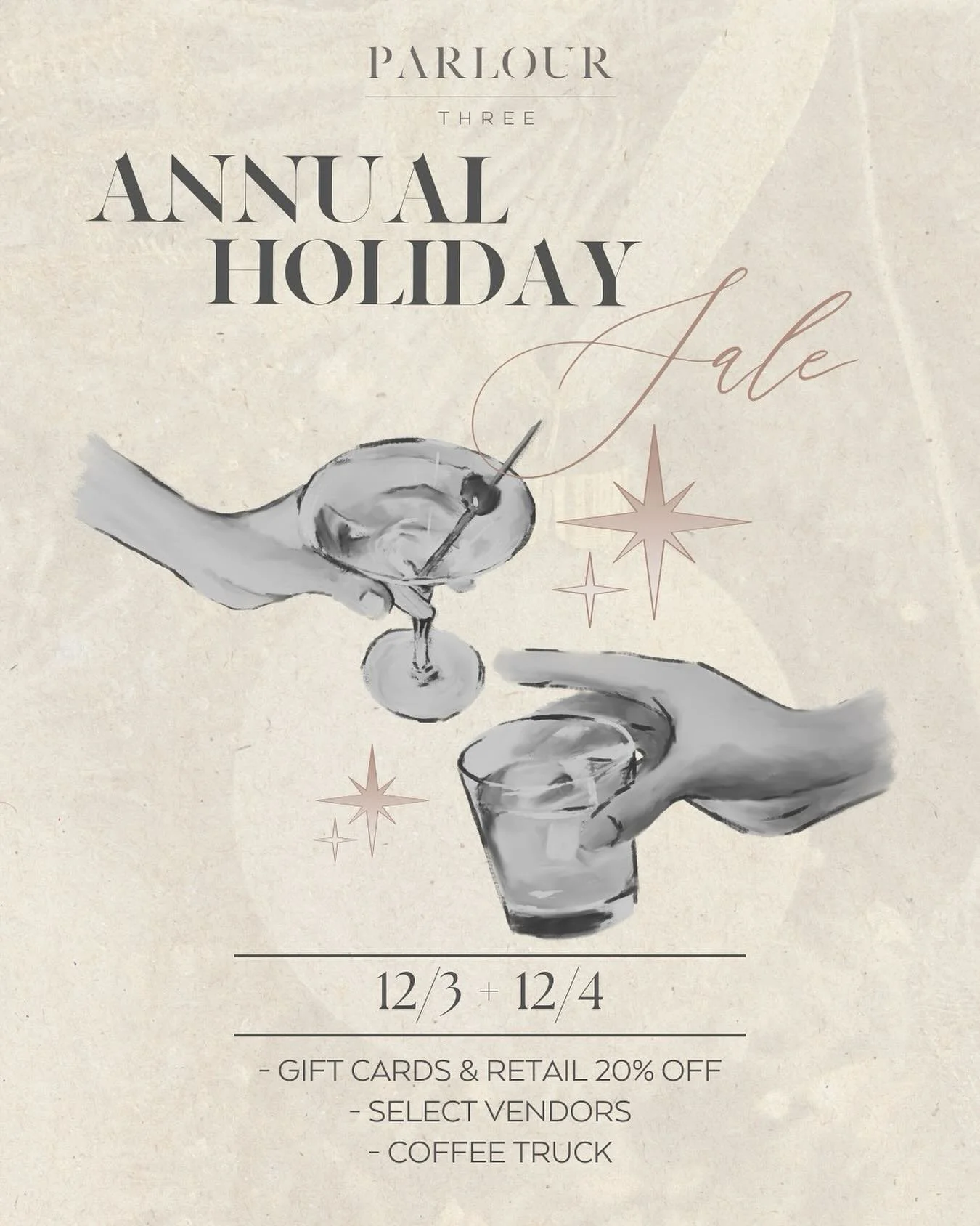 Holiday magic starts here ✨
Join us for our Annual Holiday Sale &mdash; 12/3 + 12/4!
Enjoy 20% off gift cards &amp; retail, shop with select vendors, and treat yourself while you check off your list 🛍️

The drinks will be poured, the vibes will be c