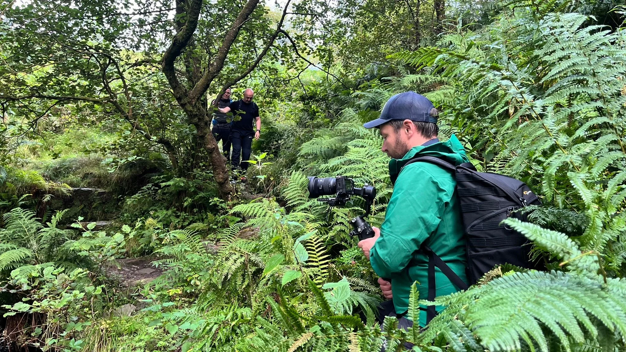 Three people exploring in a lush, green forest. One person in the foreground is wearing a green jacket, a backpack, and a cap, holding a camera, while the other two are walking along a trail in the background.