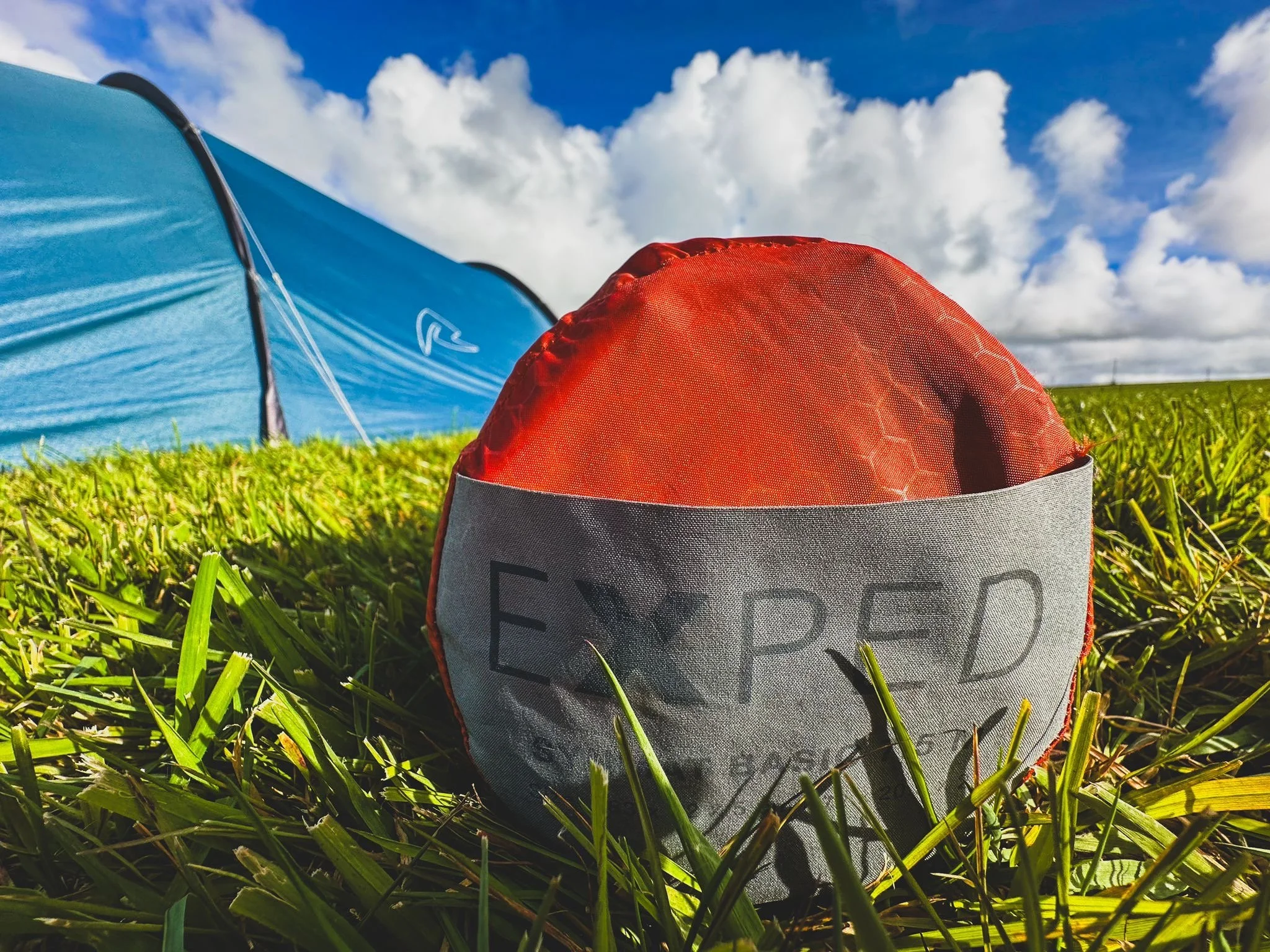 Close-up of a red and gray climbing shoe on green grass with a blue sky and white clouds in the background.