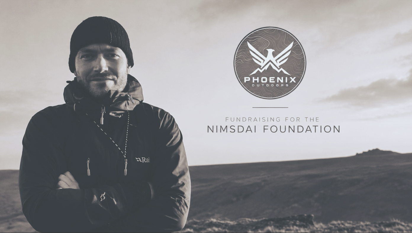 A man wearing a black jacket and knit cap standing outdoors with a landscape and sky in the background, alongside the logo of Phoenix Outdoors and text about fundraising for the Nimsdai Foundation.