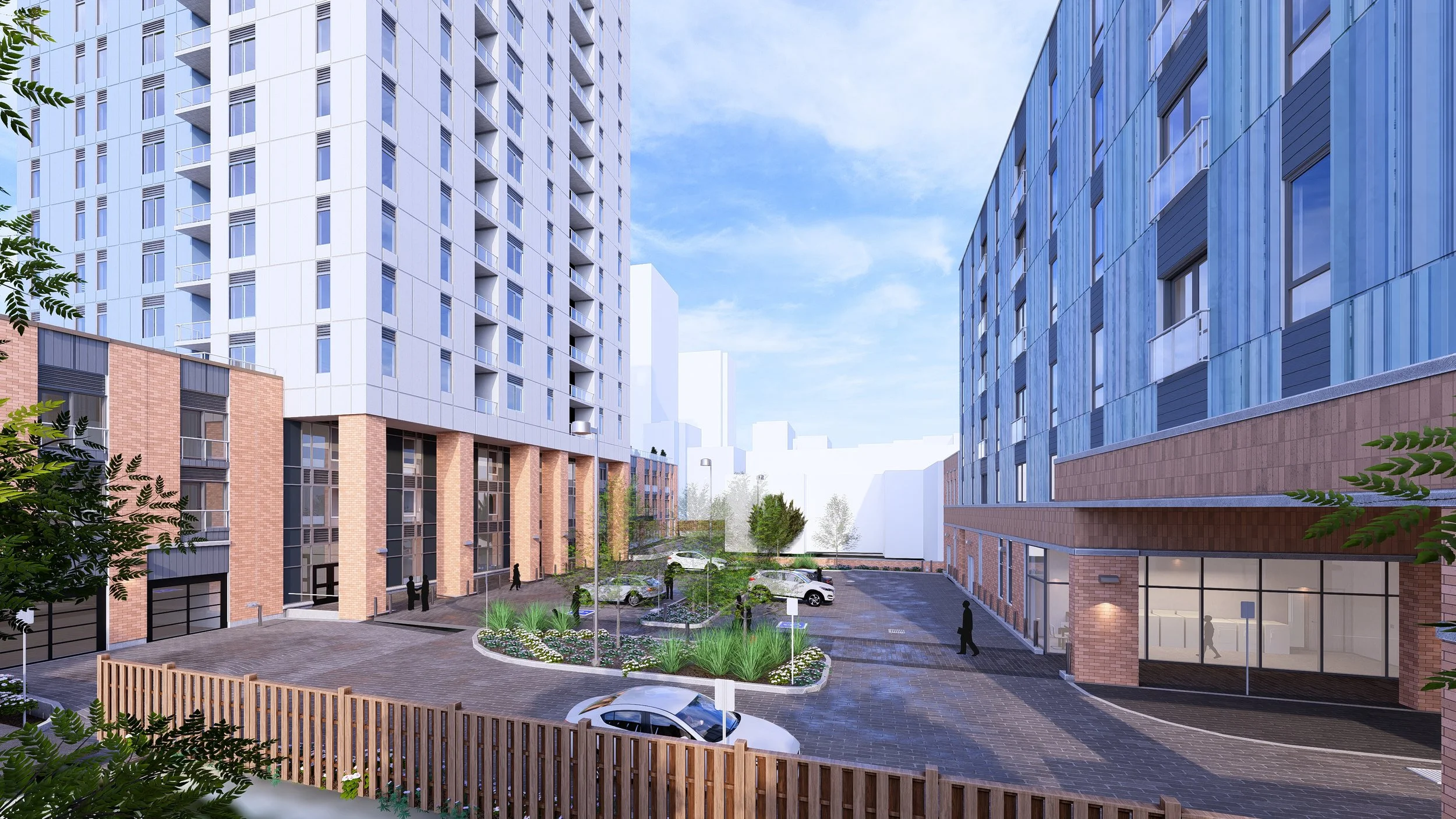 Rendering of the CCLC apartment building - 763 Dundas Street, Storefront with apartments above and behind, two buildings seperated by a parking lot and a 24 storey apartment behind the front 3 storey building.