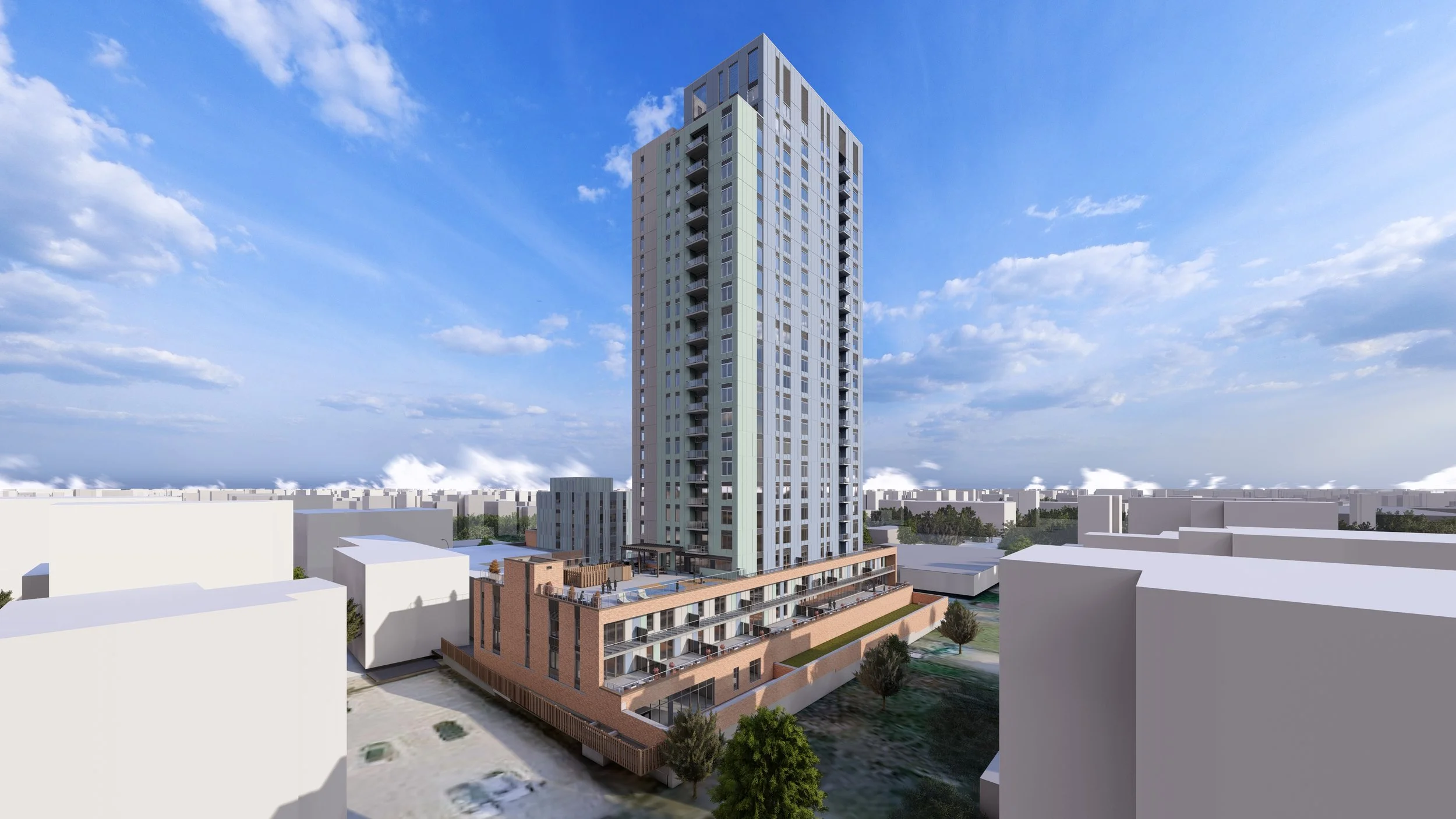 Rendering of the CCLC apartment building - 763 Dundas Street, Storefront with apartments above and behind, two buildings seperated by a parking lot and a 24 storey apartment behind the front 3 storey building.