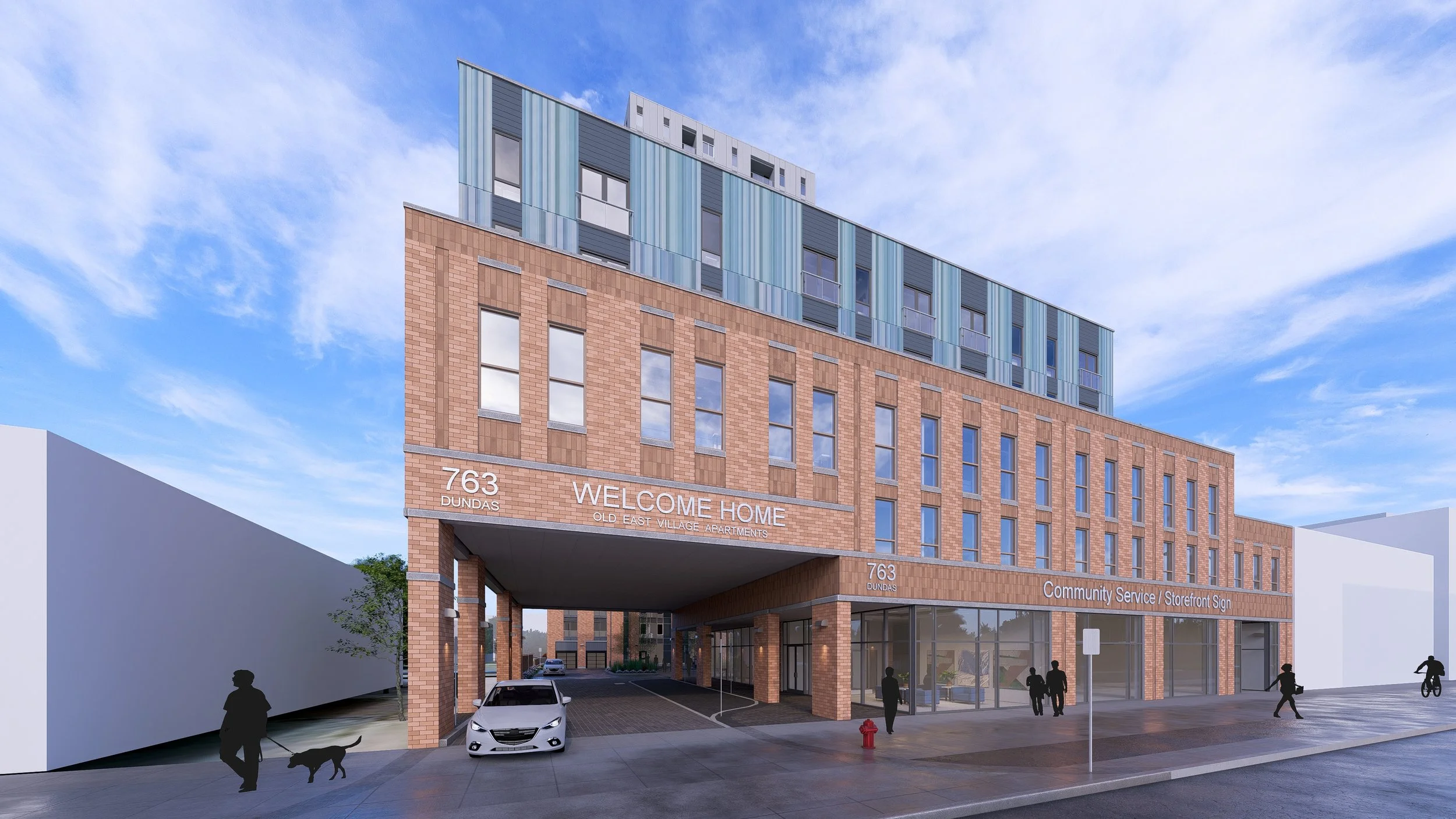 Rendering of the CCLC apartment building - 763 Dundas Street, Storefront with apartments above and behind, two buildings seperated by a parking lot and a 24 storey apartment behind the front 3 storey building.