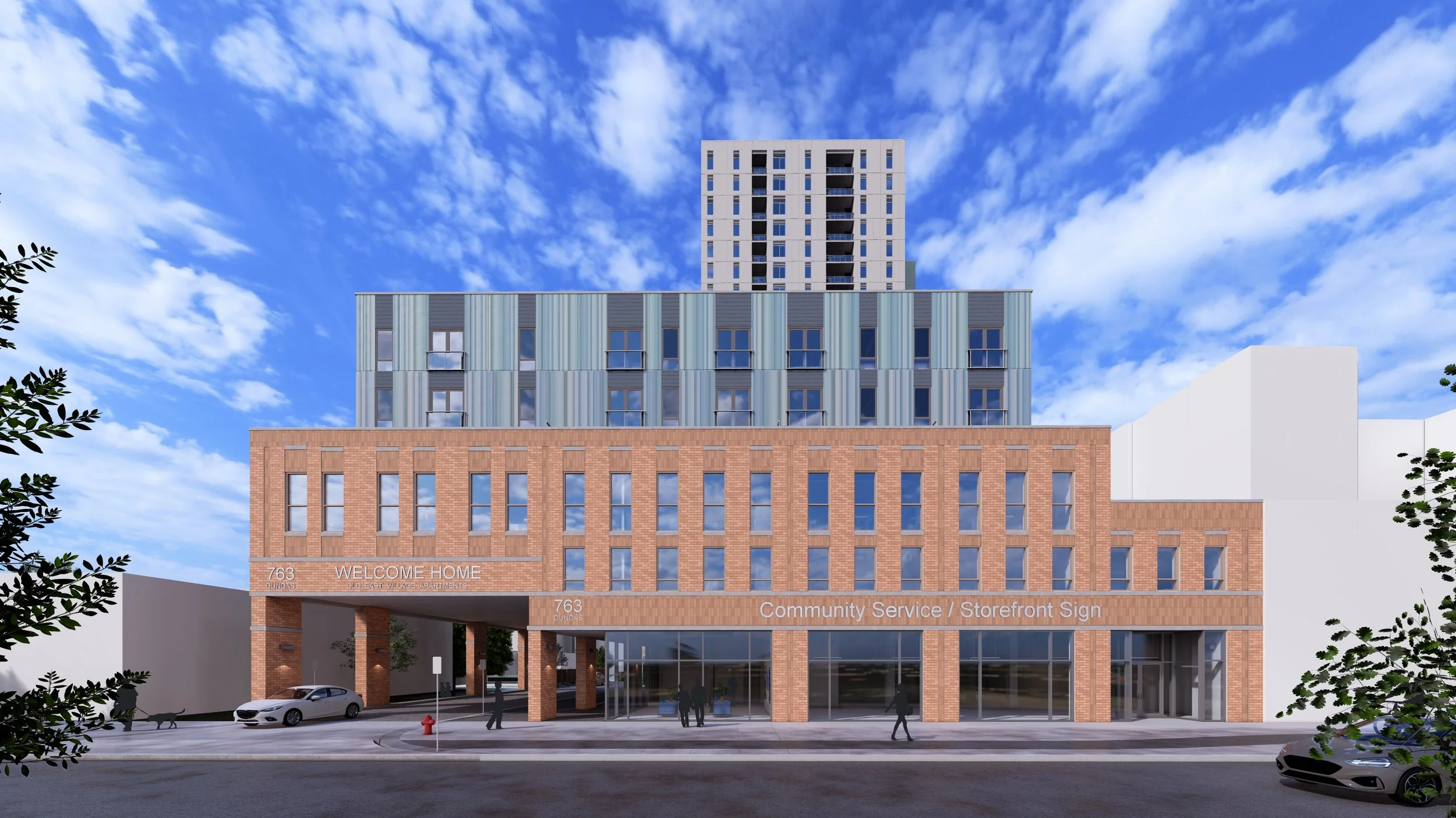 Rendering of the CCLC apartment building - 763 Dundas Street, Storefront with apartments above and behind, two buildings seperated by a parking lot and a 24 storey apartment behind the front 3 storey building.