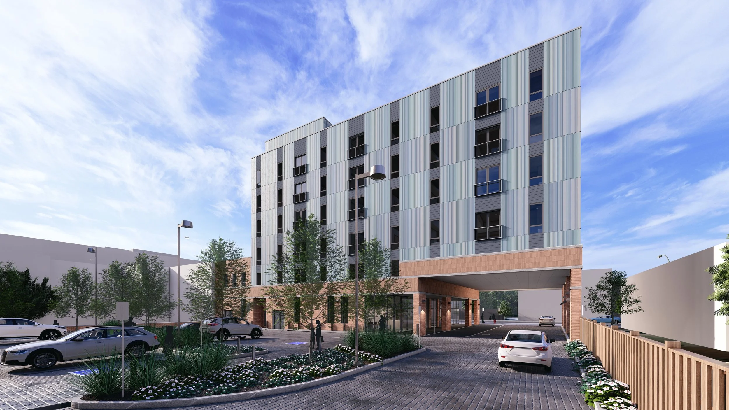 Rendering of the CCLC apartment building - 763 Dundas Street, Storefront with apartments above and behind, two buildings seperated by a parking lot and a 24 storey apartment behind the front 3 storey building.