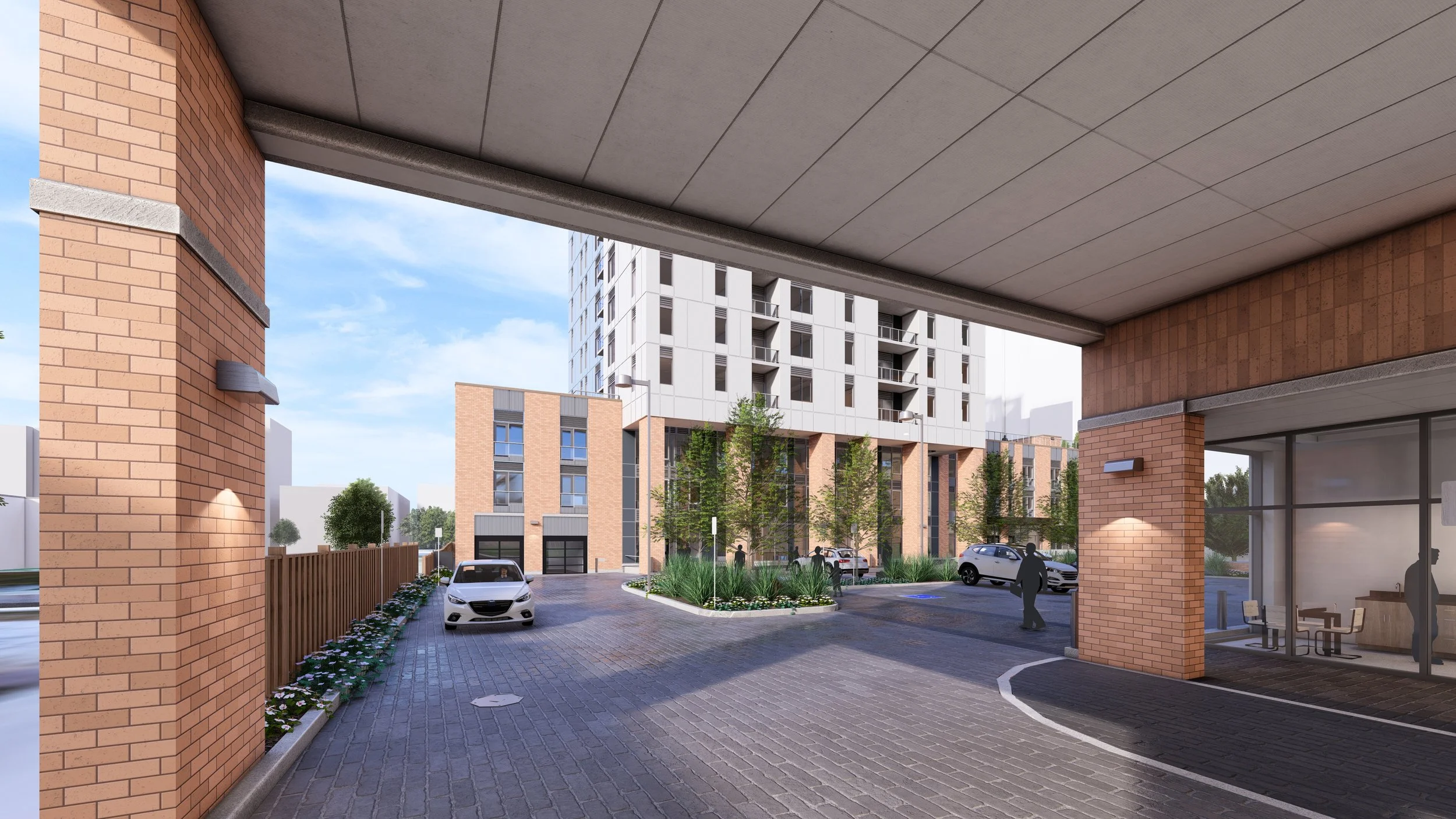 Rendering of the CCLC apartment building - 763 Dundas Street, Storefront with apartments above and behind, two buildings seperated by a parking lot and a 24 storey apartment behind the front 3 storey building.
