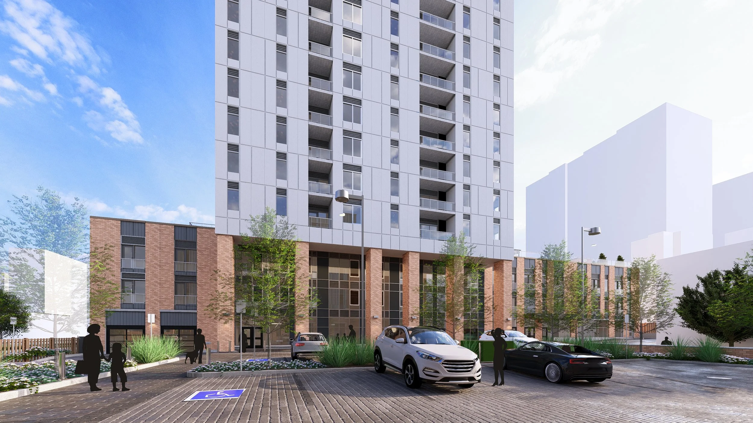 Rendering of the CCLC apartment building - 763 Dundas Street, Storefront with apartments above and behind, two buildings seperated by a parking lot and a 24 storey apartment behind the front 3 storey building.