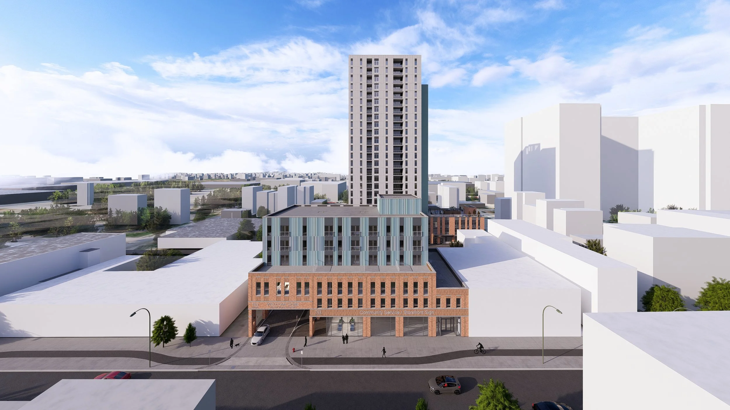 Rendering of the CCLC apartment building - 763 Dundas Street, Storefront with apartments above and behind, two buildings seperated by a parking lot and a 24 storey apartment behind the front 3 storey building.