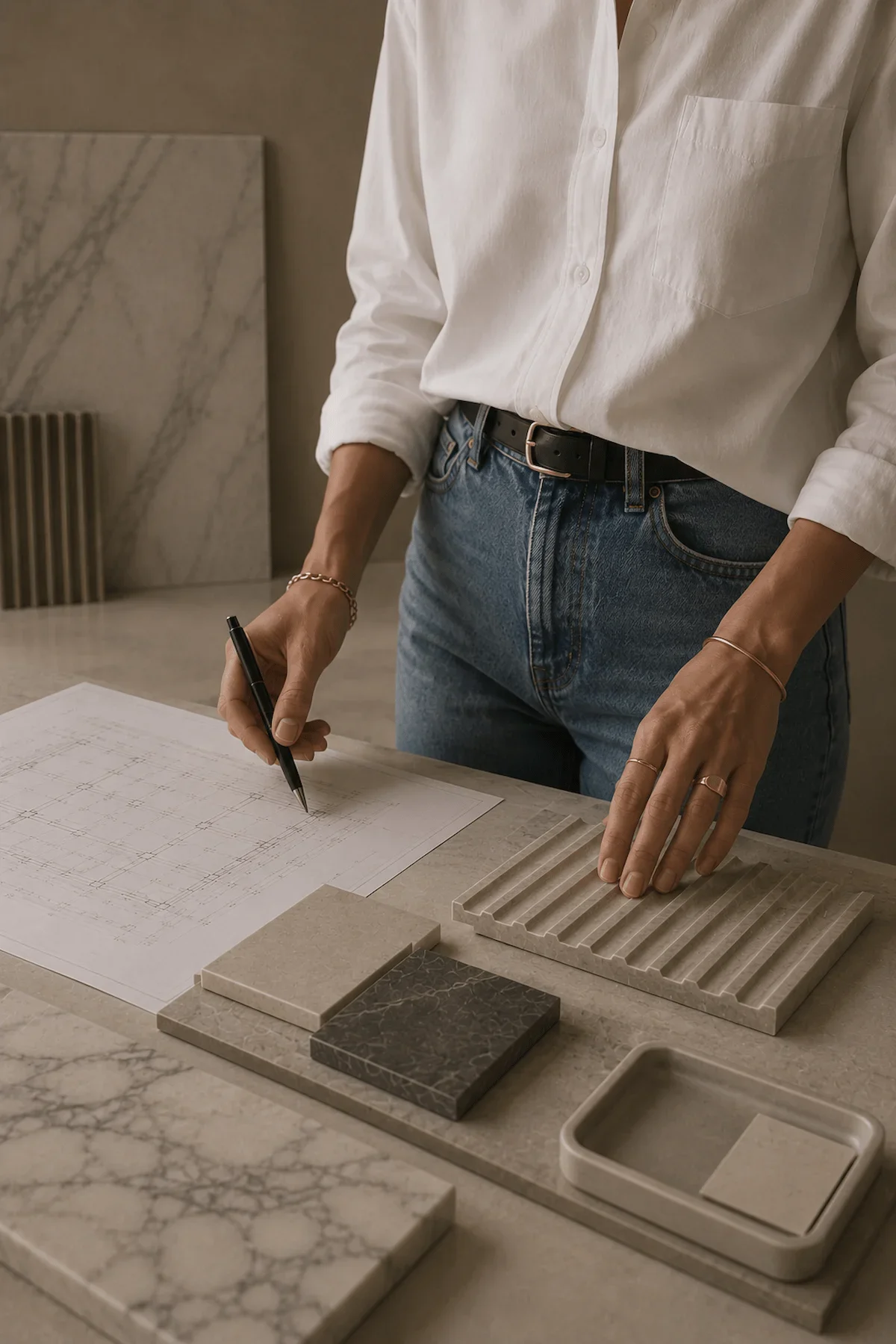 Person in white shirt and blue jeans working on design plans for tiles and stone samples on a marble countertop with various tile and stone swatches.