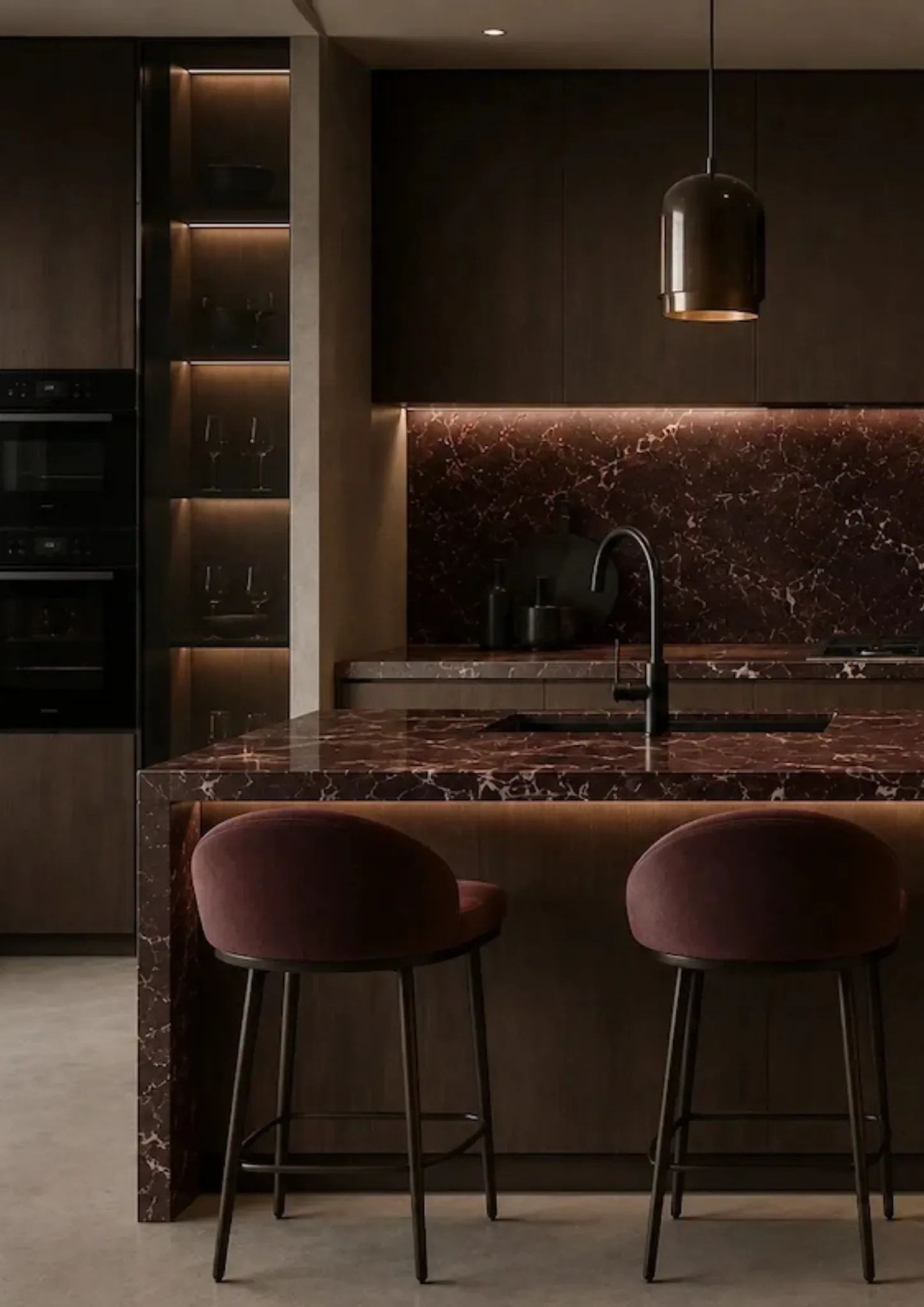 Dark red veined natural stone kitchen island and splashback with integrated architectural stone detailing.