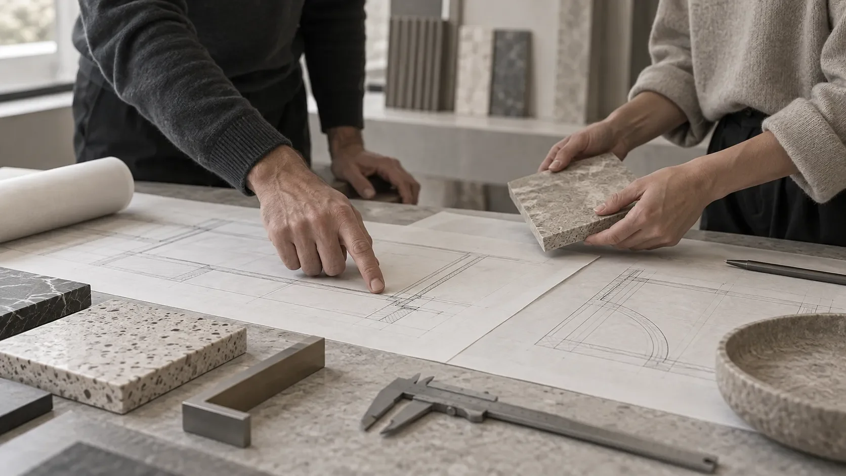 Reviewing architectural drawings and stone samples during material planning