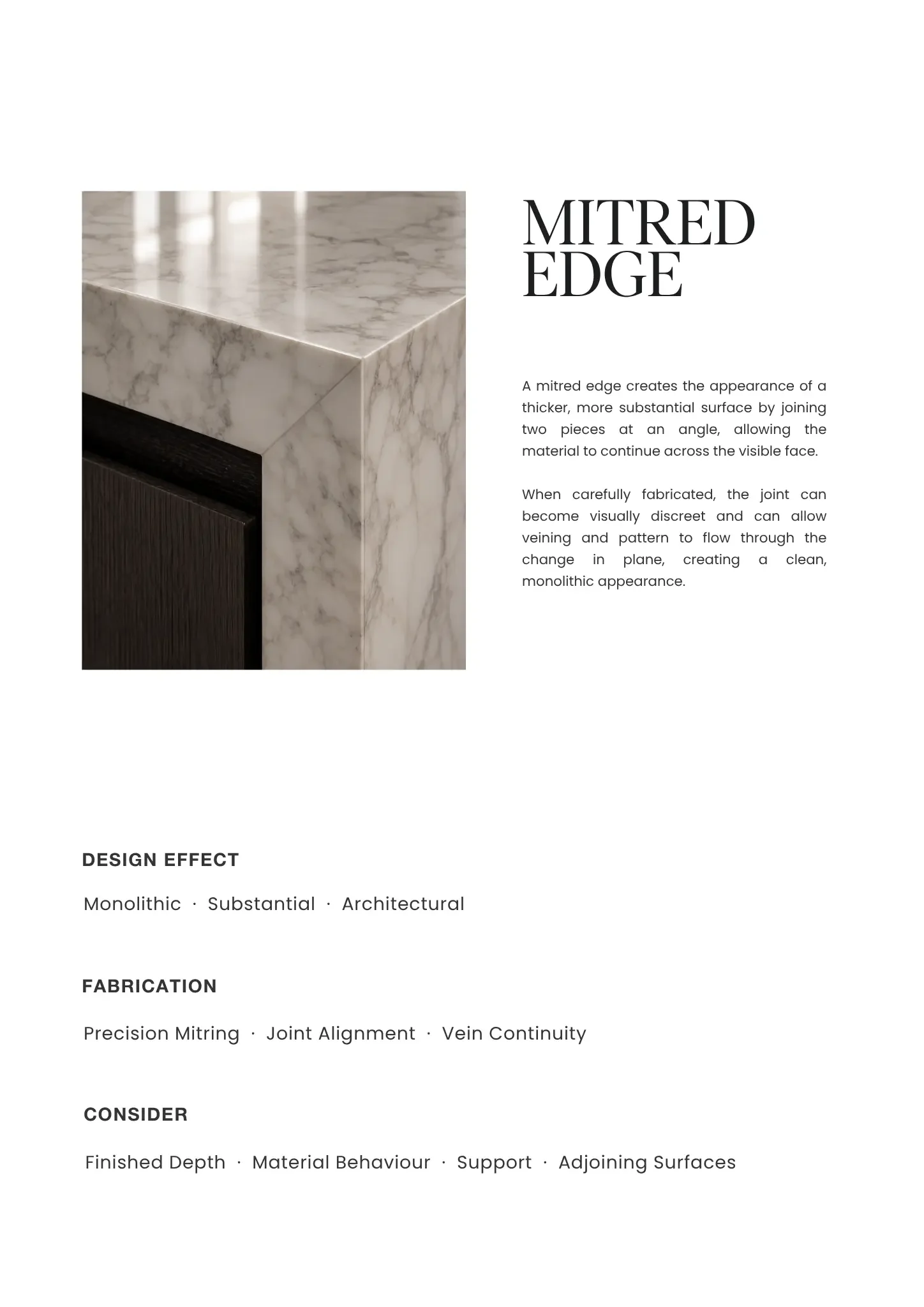 Close-up of a marble surface with a mitered edge, showcasing the joint between two pieces at an angle for a seamless appearance.