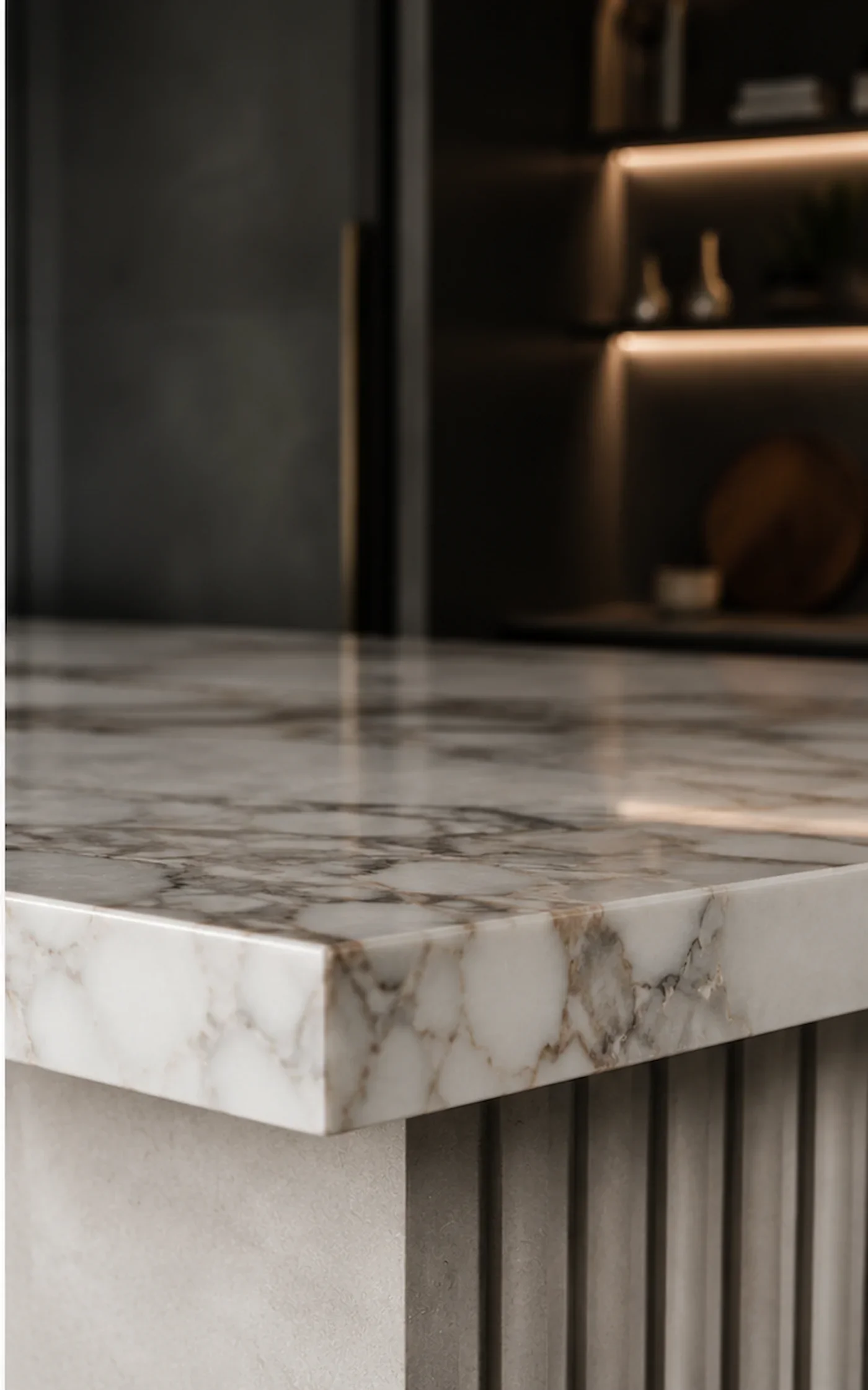 Close-up of a marble kitchen island countertop with gray and white veining.