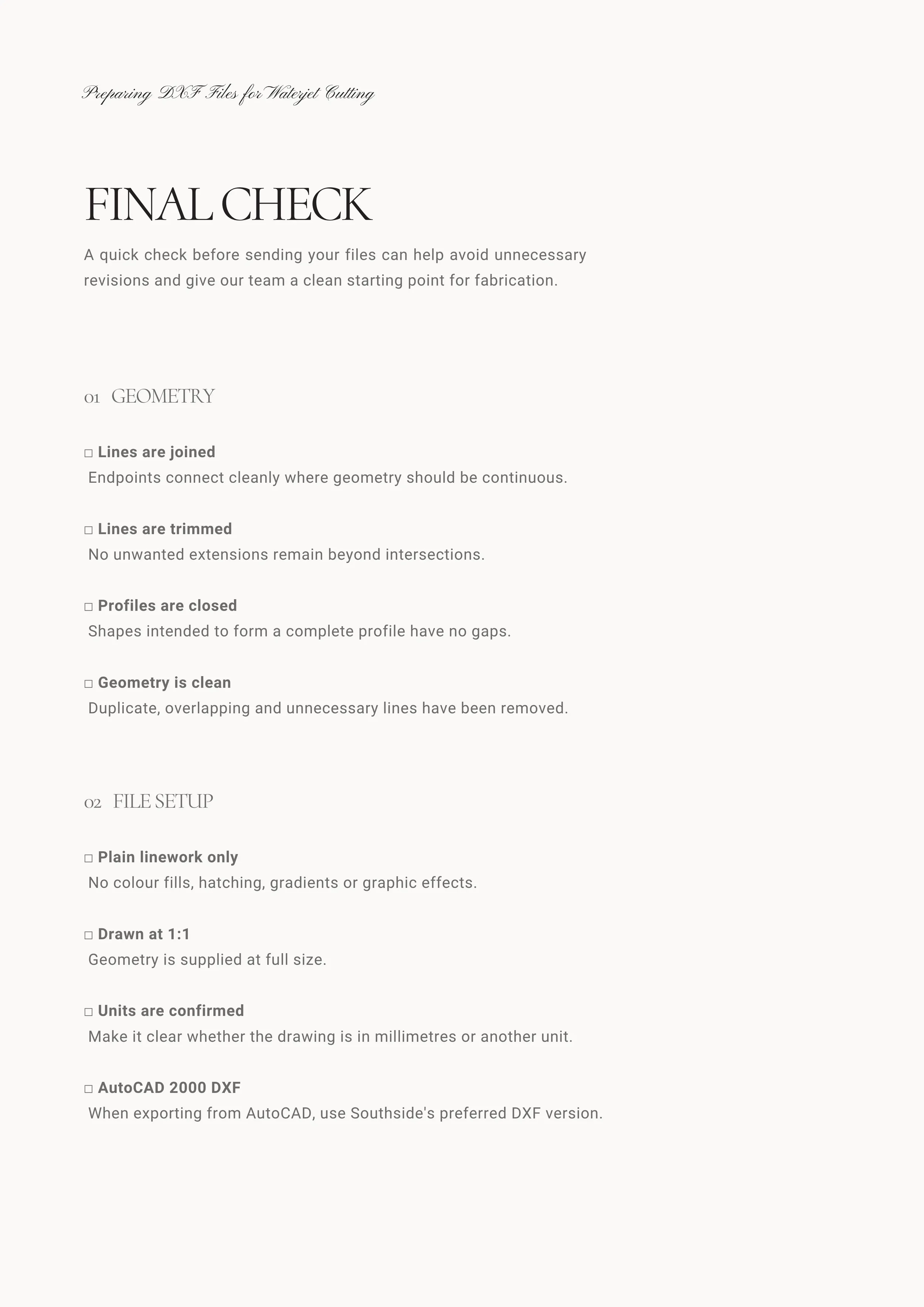 DXF pre-submission checklist covering geometry, clean linework, file format, scale and units.