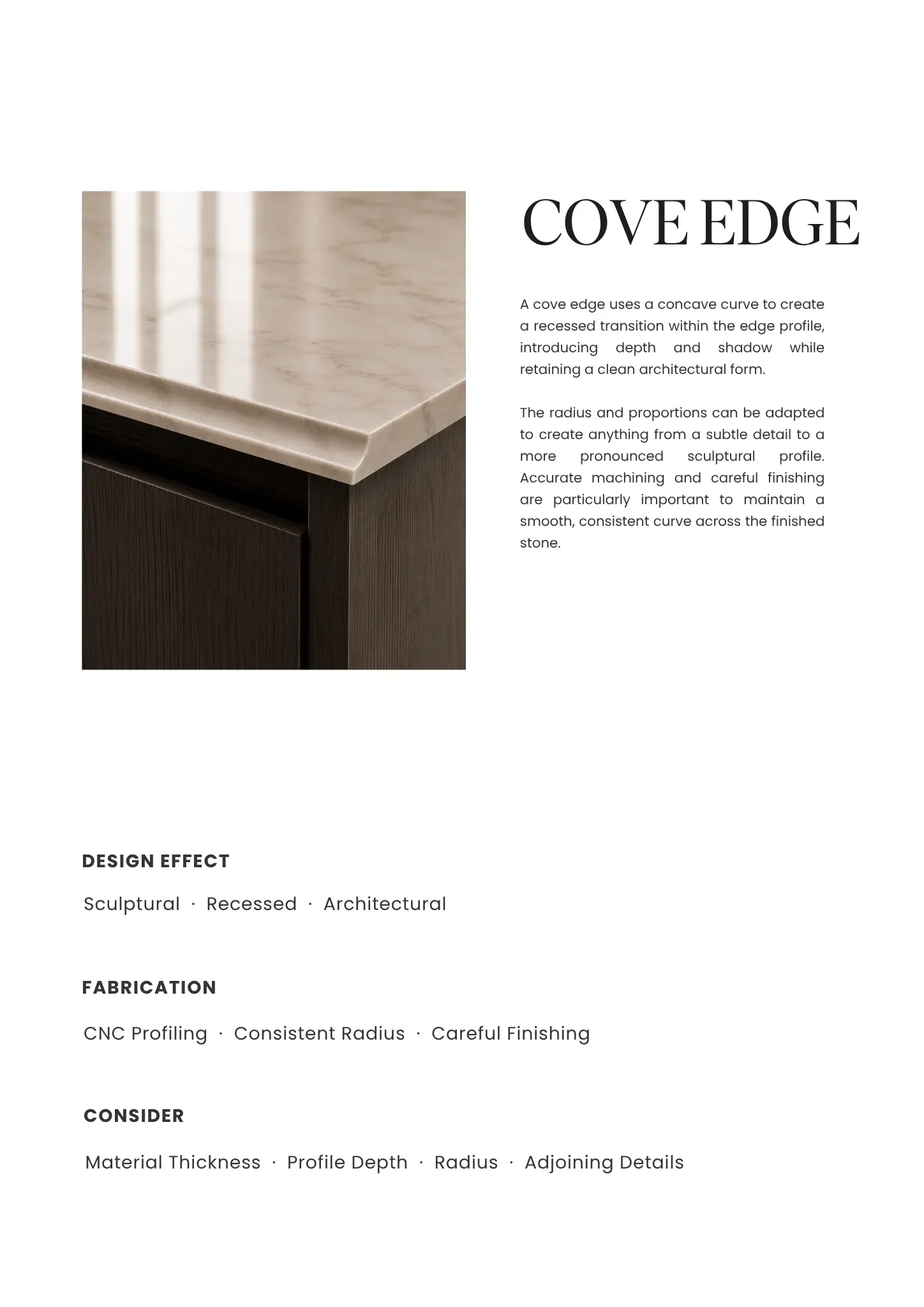 Close-up of a marble countertop with a concave edge, installed on a dark wooden cabinet.